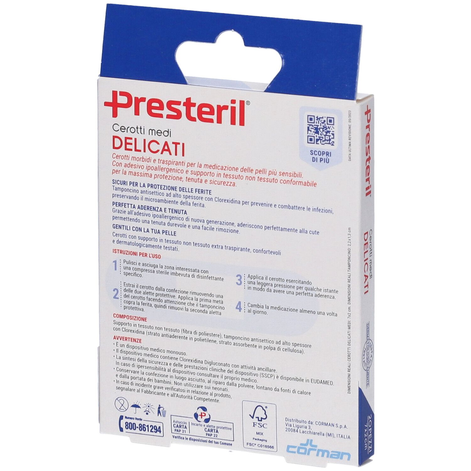 Retro della confezione di cerotti. Scritta: Presteril Cerotti medi delicati, 20 pezzi. Con istruzioni e loghi.