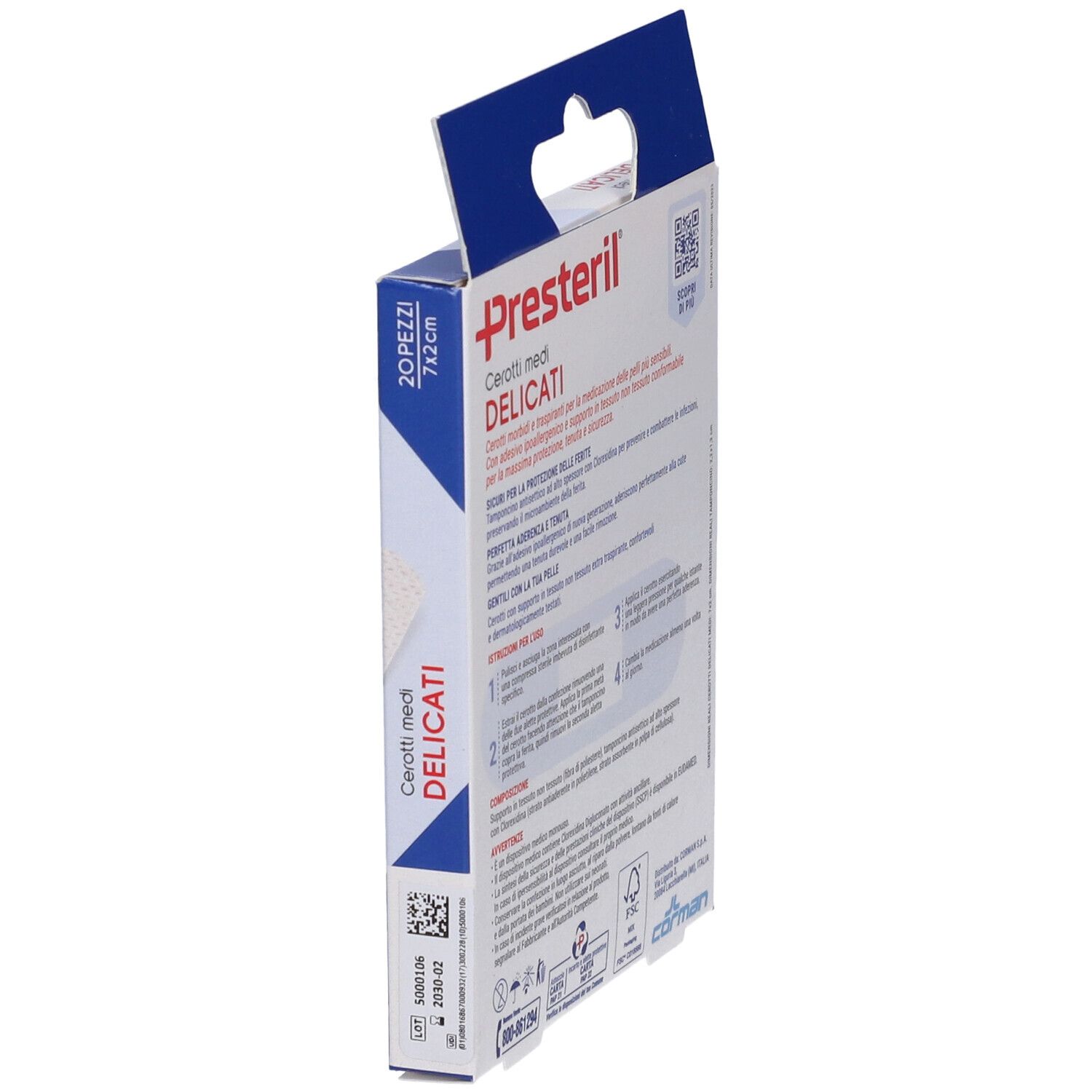 Vista laterale del retro della confezione di cerotti. Scritta: Presteril Cerotti medi delicati, 20 pezzi. Con istruzioni.