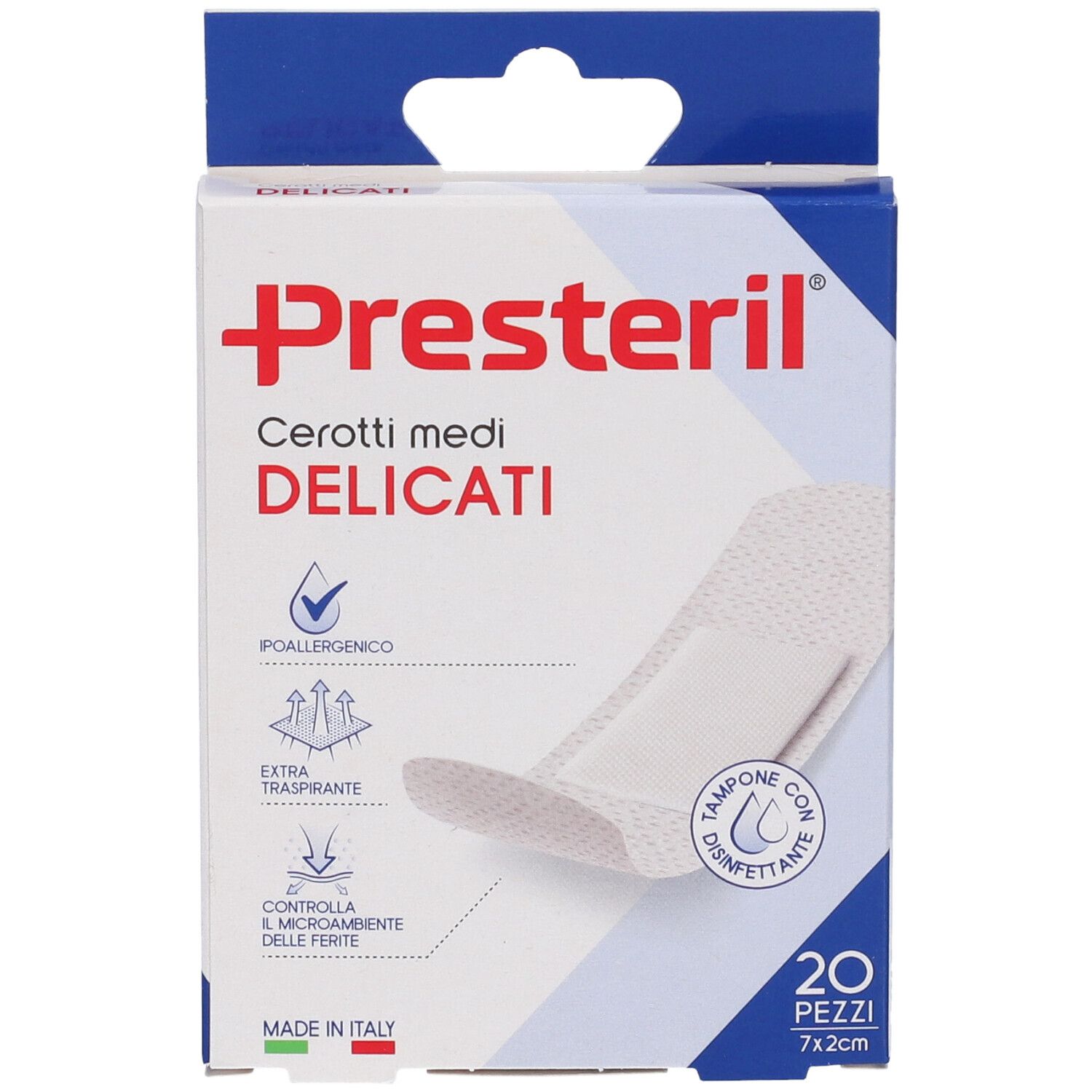 Vista frontale della confezione di cerotti. Scritta: Presteril Cerotti medi delicati, 7x2cm, 20 pezzi. Con illustrazioni.