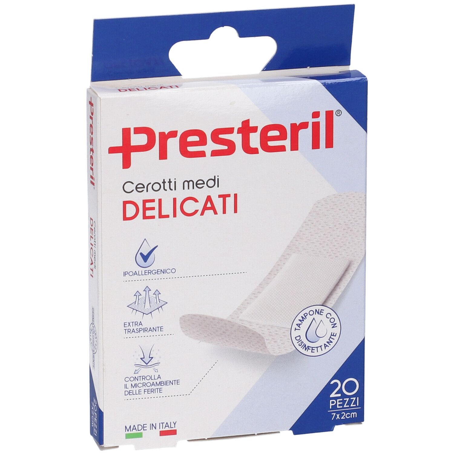 Vista frontale della confezione di cerotti. Scritta: Presteril Cerotti medi delicati, 7x2cm, 20 pezzi. Con illustrazioni.