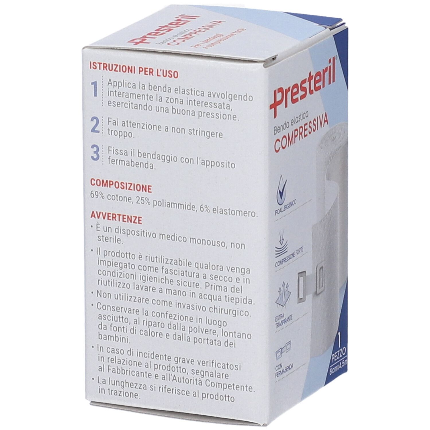 Confezione di Benda Medipresteril. Retro con istruzioni per l'uso e composizione. Marca: Presteril.