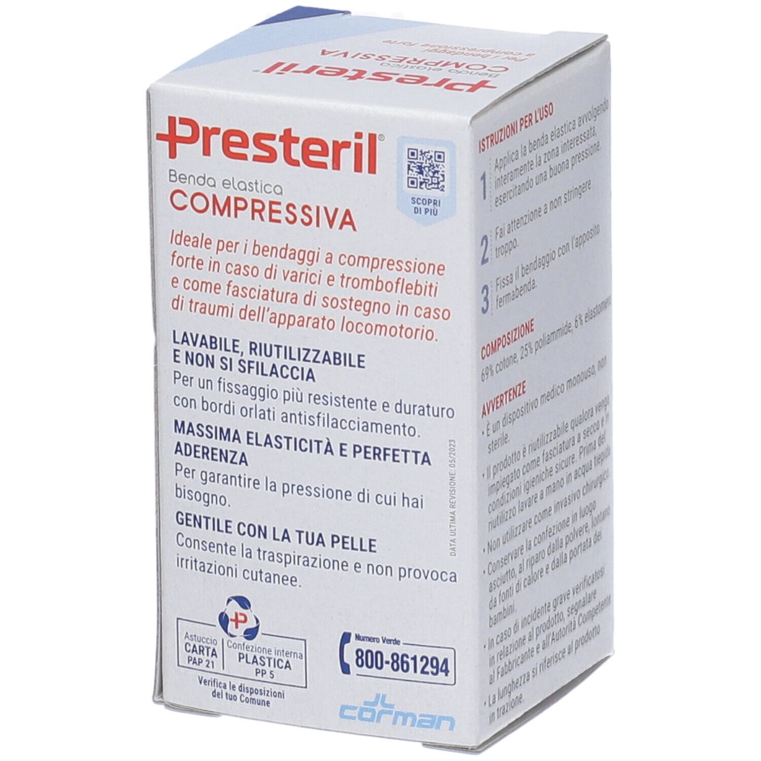 Confezione di Benda Medipresteril. Retro con informazioni sul prodotto e contatti. Marca: Presteril.