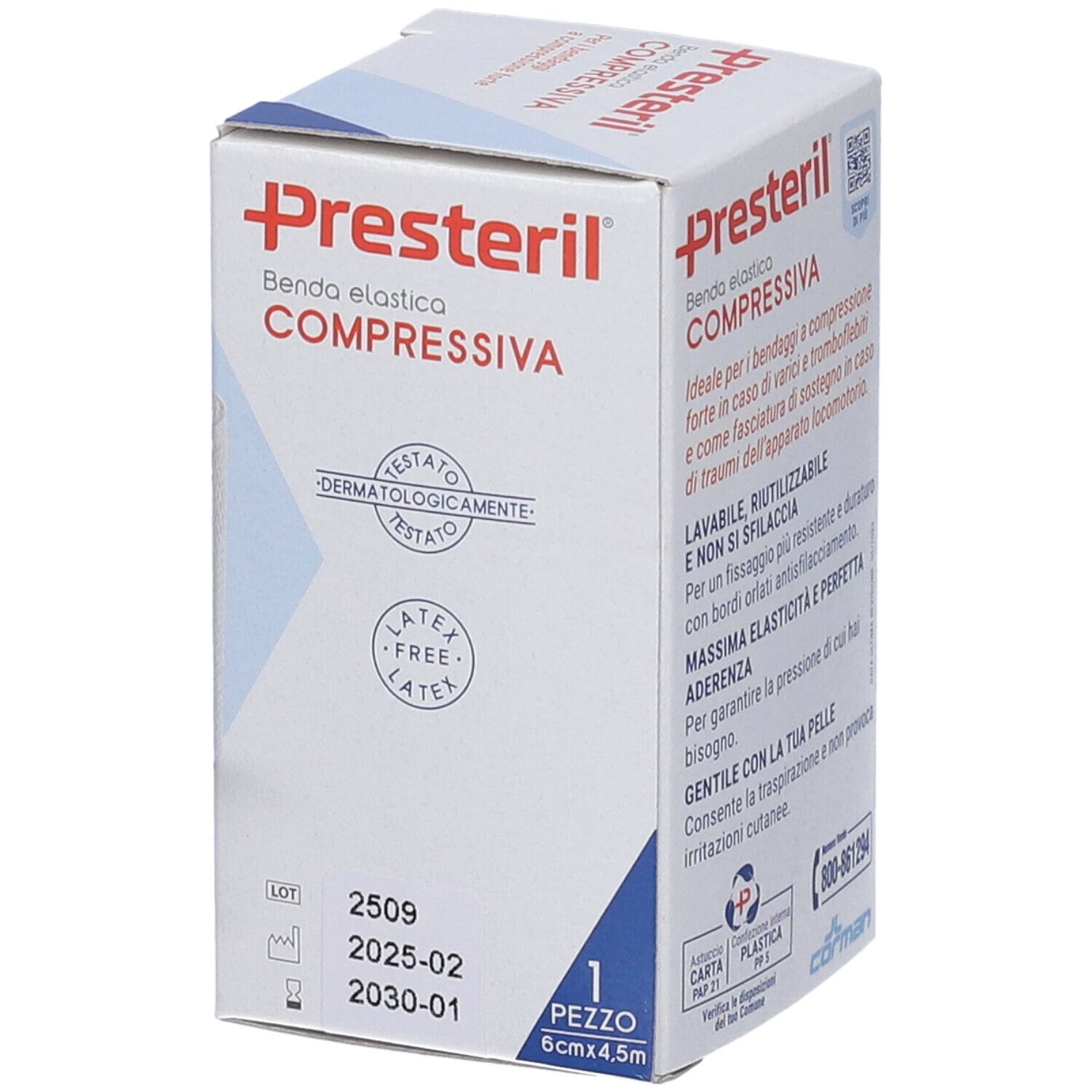 Confezione di Benda Medipresteril. Fronte con informazioni sul prodotto e certificazioni. Marca: Presteril.