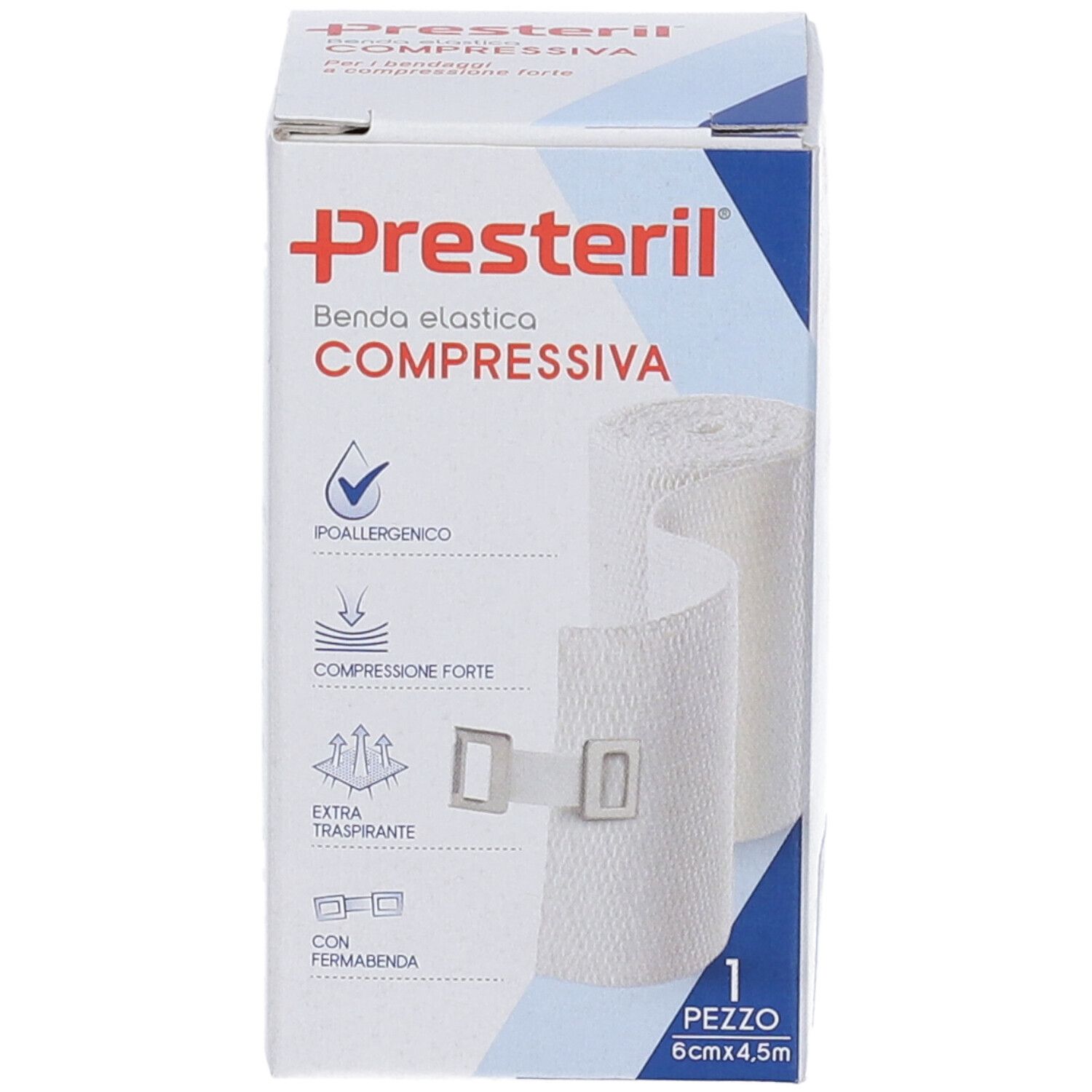 Confezione di Benda Medipresteril. Benda compressiva bianca con chiusura. Dimensione: 6cm x 4,5m. Marca: Presteril.