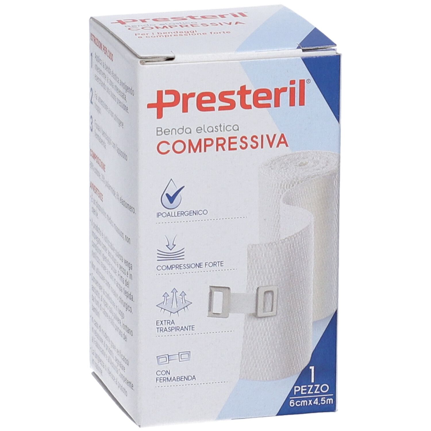 Confezione di Benda Medipresteril. Benda compressiva bianca con chiusura. Dimensione: 6cm x 4,5m. Marca: Presteril.