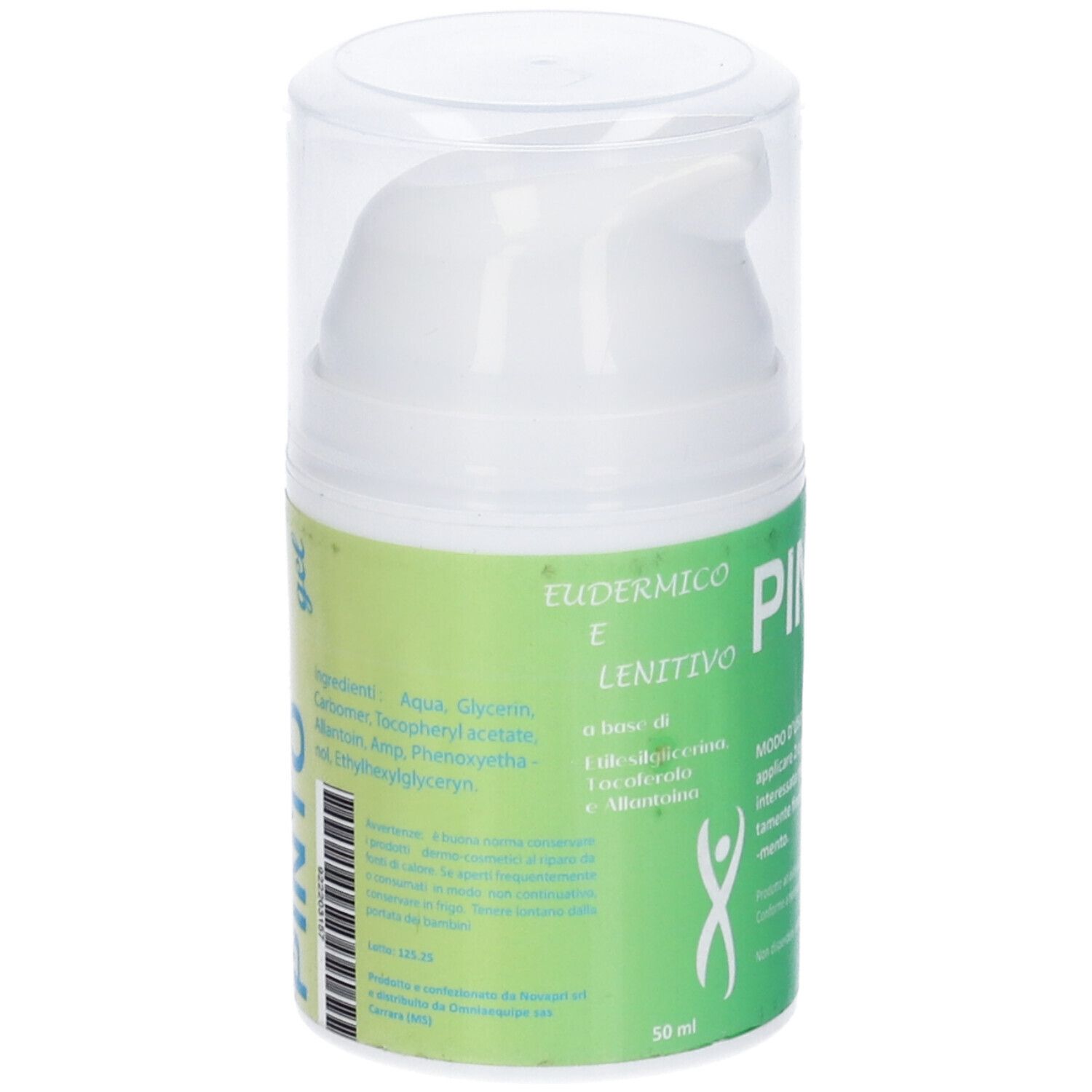 Dispenser bianco con etichetta verde. Scritta: PINTO gel. Contiene testo in italiano. 50 ml.