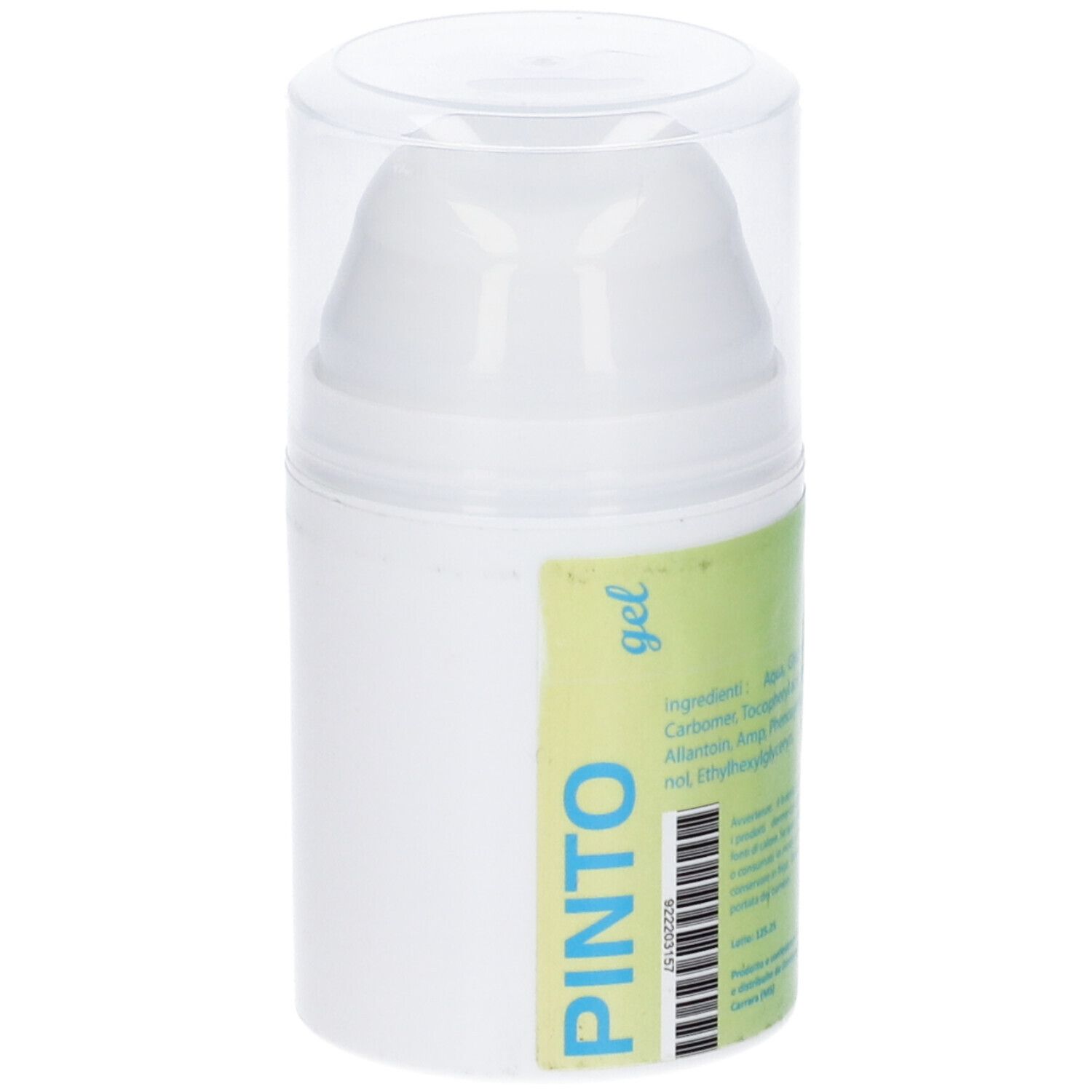 Dispenser bianco con etichetta verde. Scritta: PINTO gel. Codice a barre. Contiene testo in italiano. 50 ml.