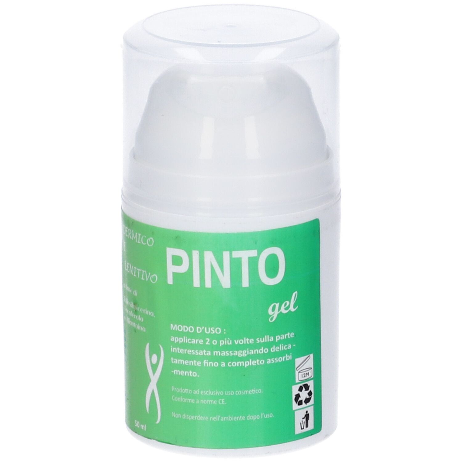 Dispenser bianco con etichetta verde. Scritta: PINTO gel. Contiene testo in italiano. 50 ml.