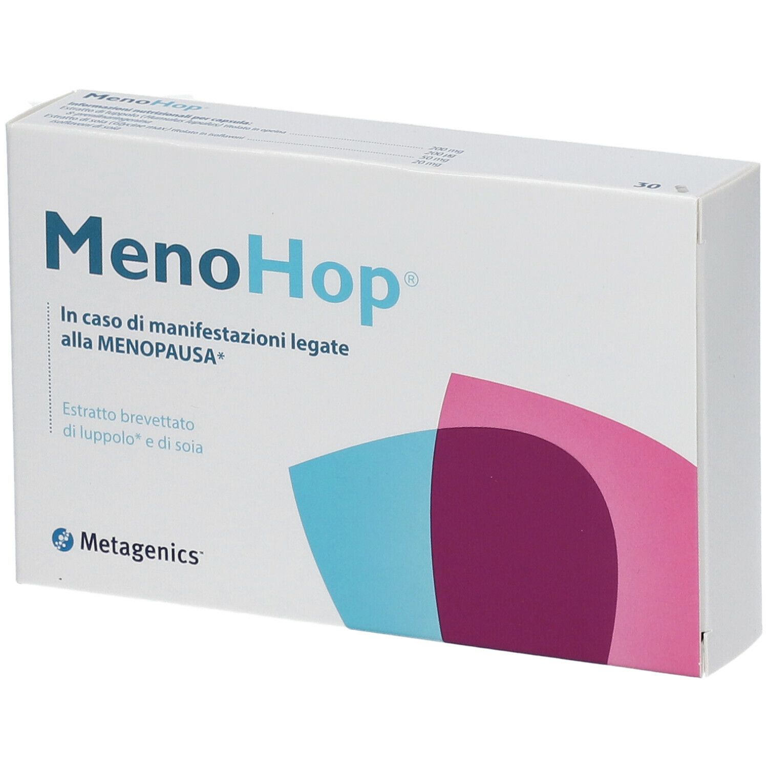 Scatola bianca con scritta "MenoHop". Marchio Metagenics. Testo in italiano.
