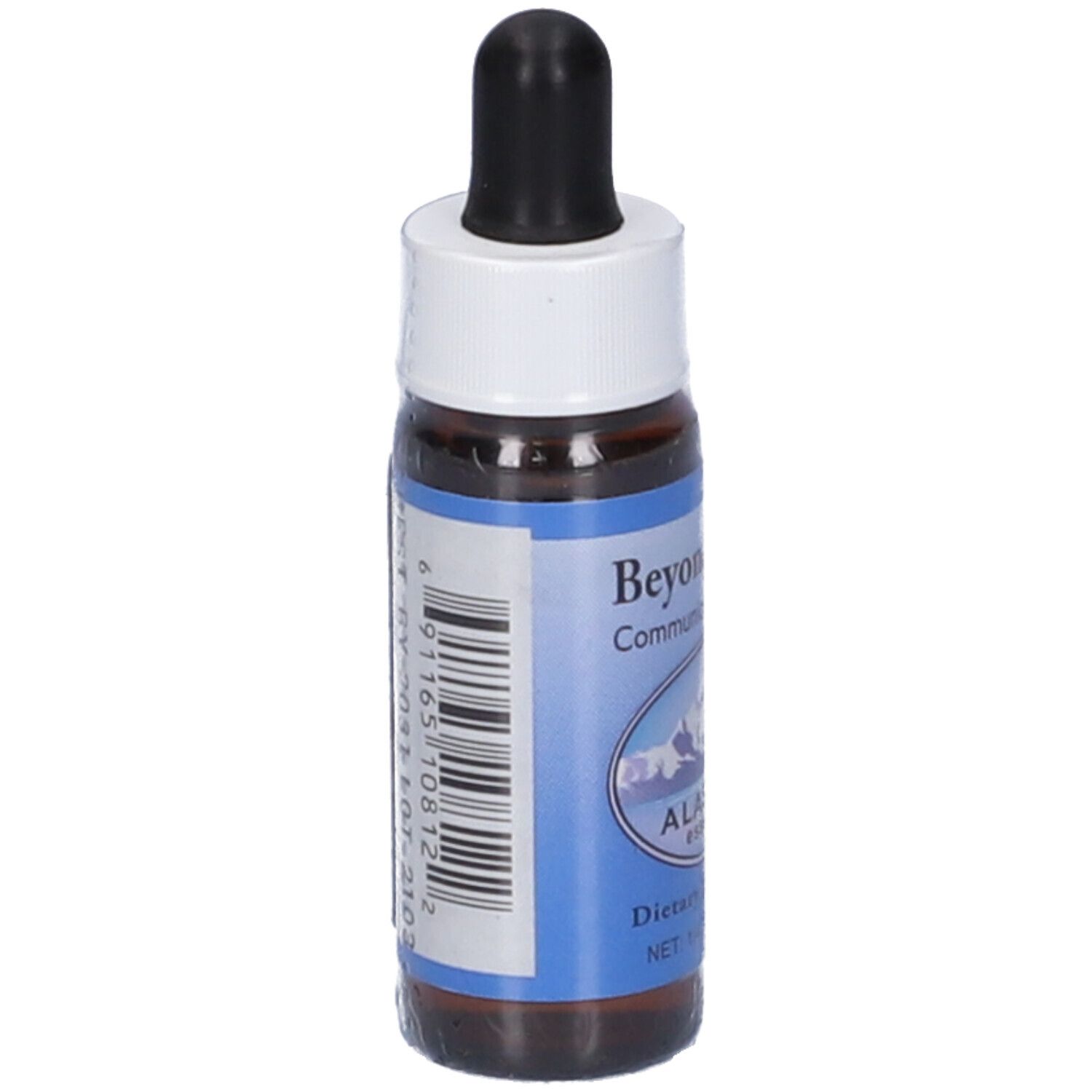 Flacone di vetro marrone con contagocce nero e tappo bianco. Adesivo con codice a barre e testo. Contenuto: 7,5 ml.