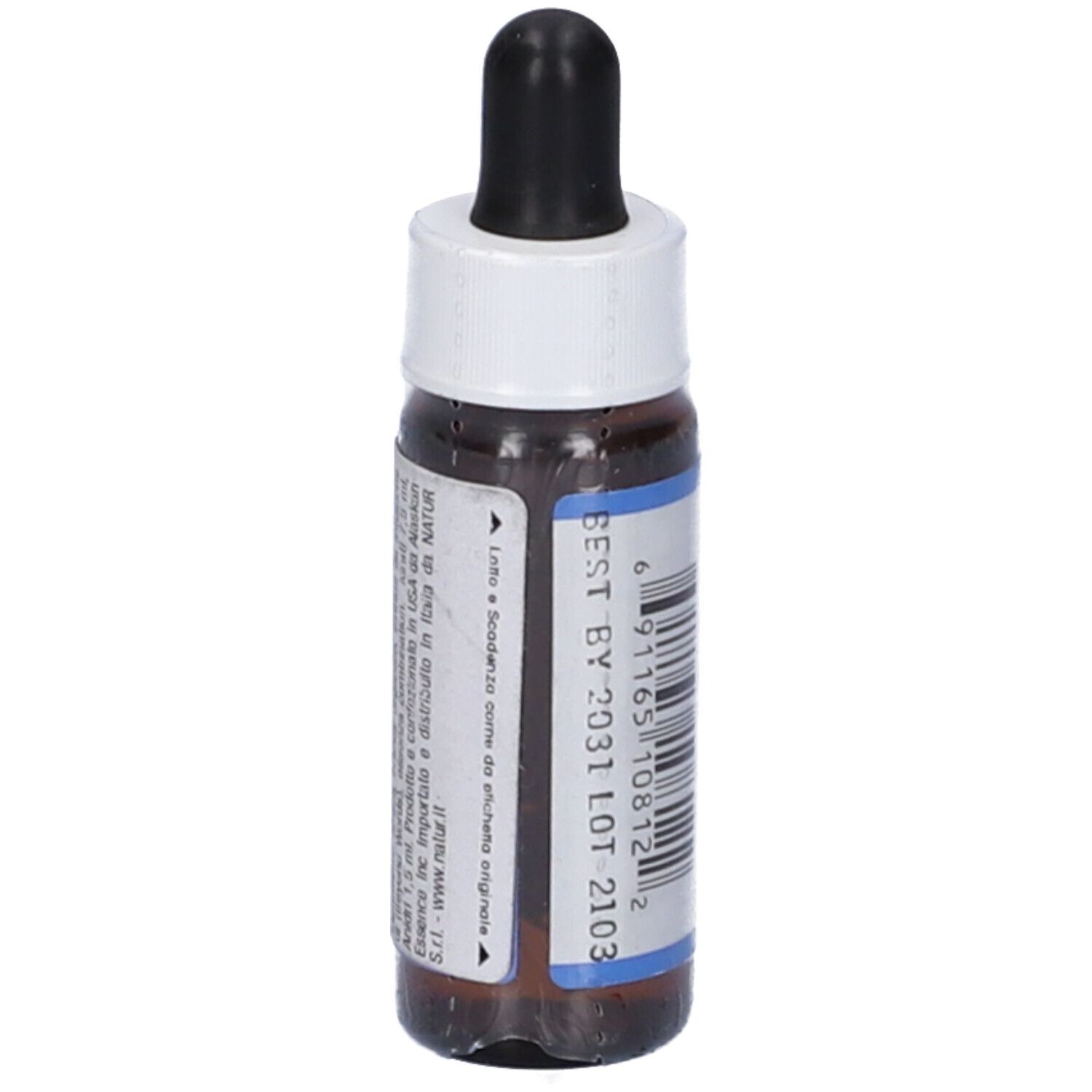 Flacone di vetro marrone con contagocce nero e tappo bianco. Adesivo con codice a barre, testo e data di scadenza. Contenuto: 7,5 ml.