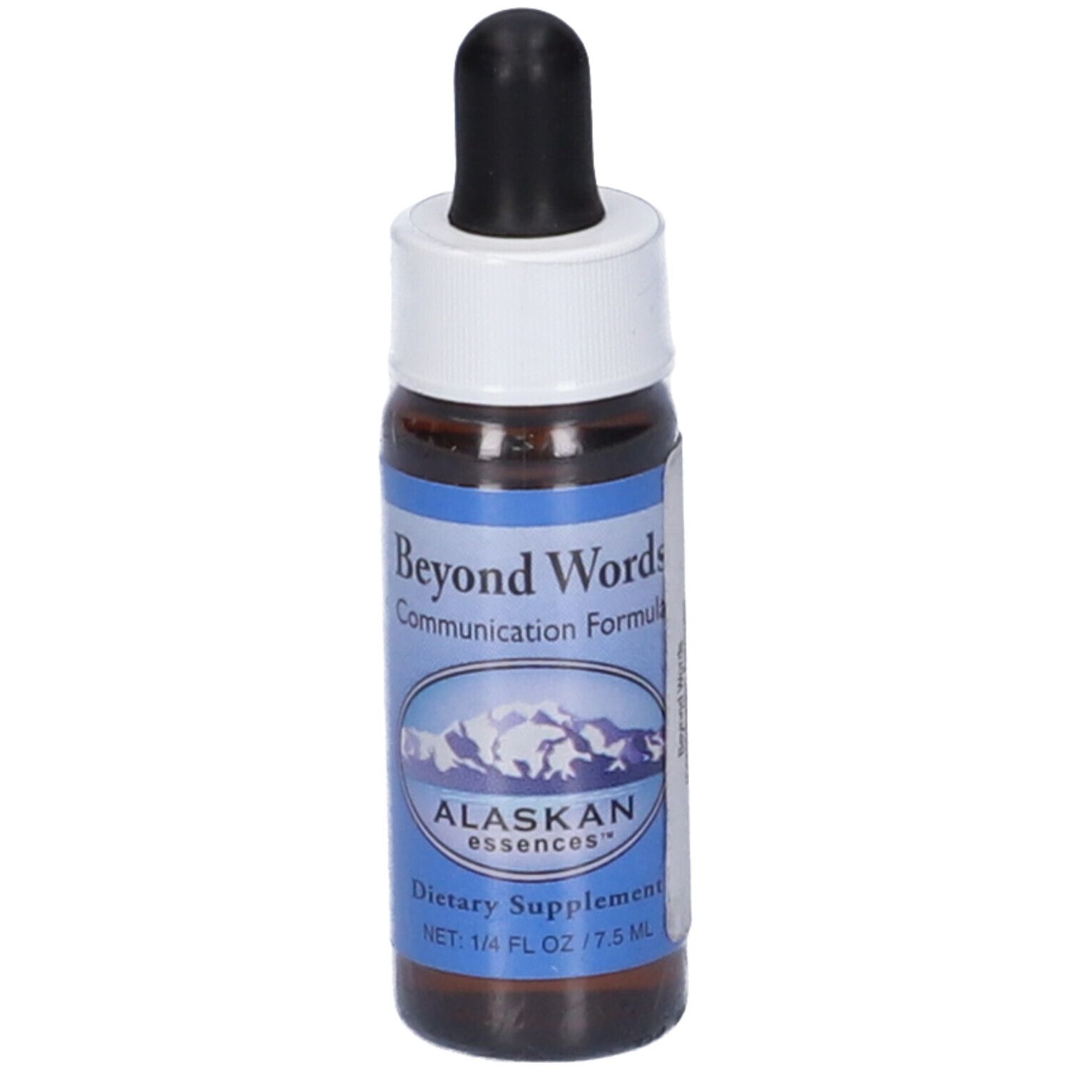 Flacone di vetro marrone con contagocce nero e tappo bianco. Scritta: Beyond Words, Alaskan Essences. Contenuto: 7,5 ml.
