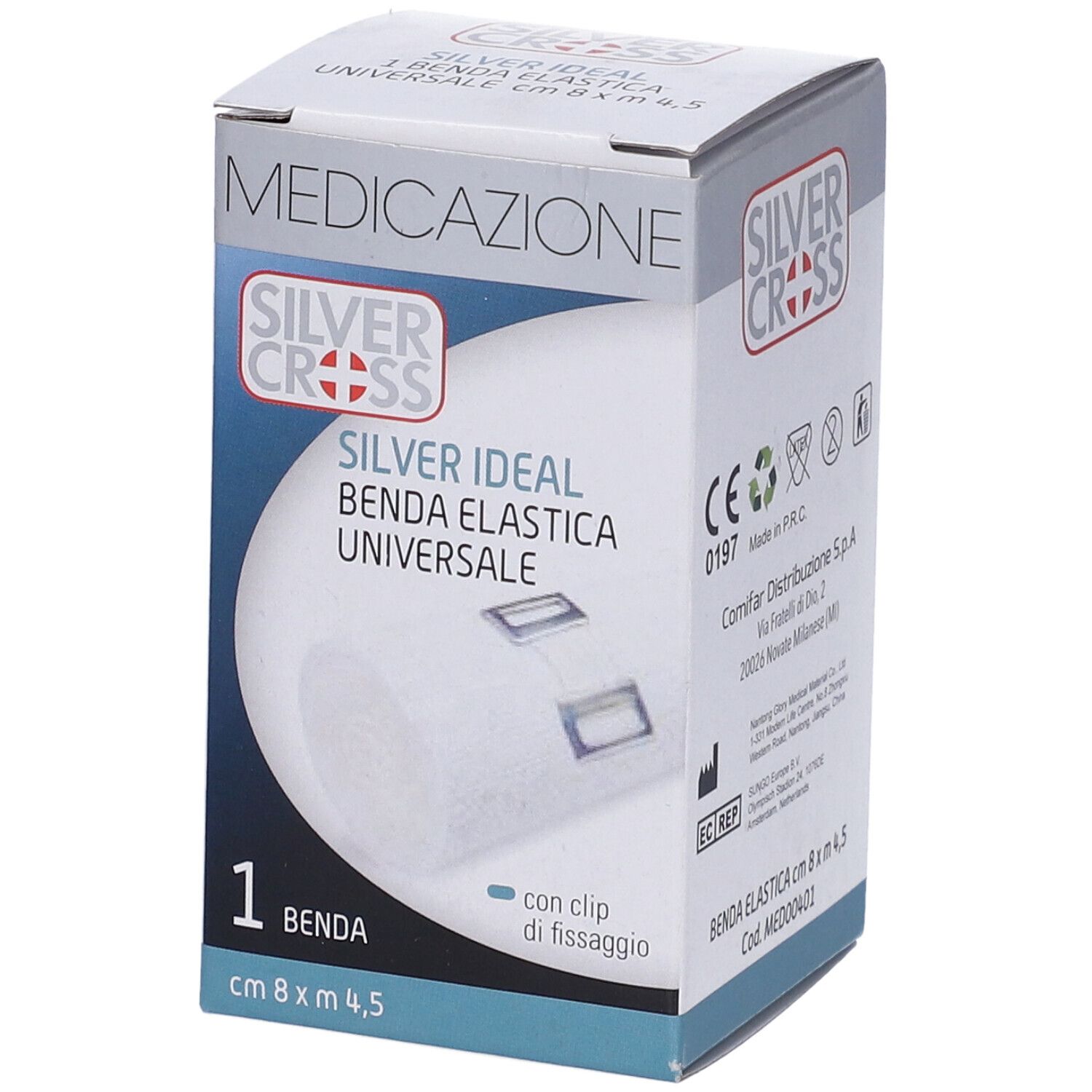 Confezione di benda Silver Cross. Scritto: Benda Elastica Universale, 8x4,5 cm. Marchio CE.