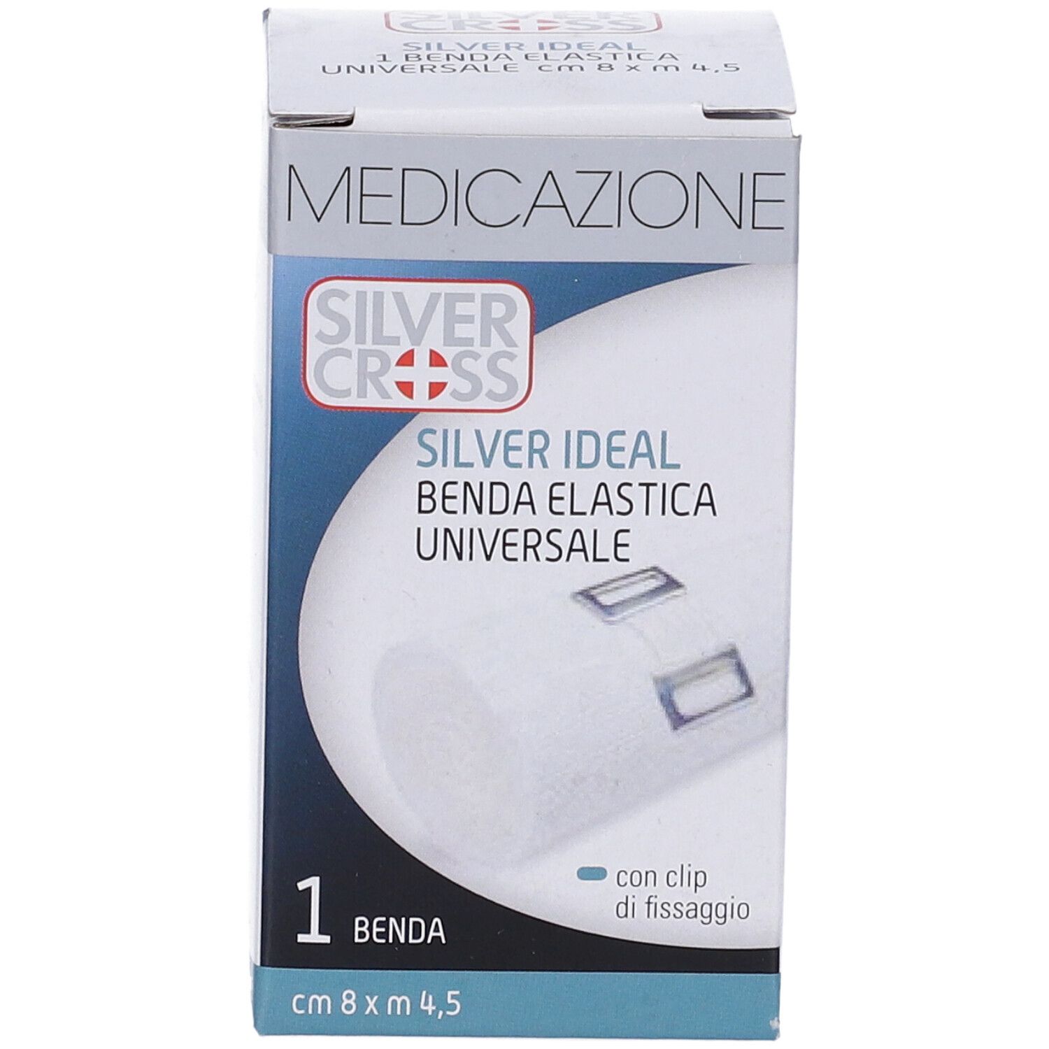 Confezione di benda Silver Cross. Scritto: Benda Elastica Universale, 8x4,5 cm. Con clip di fissaggio.
