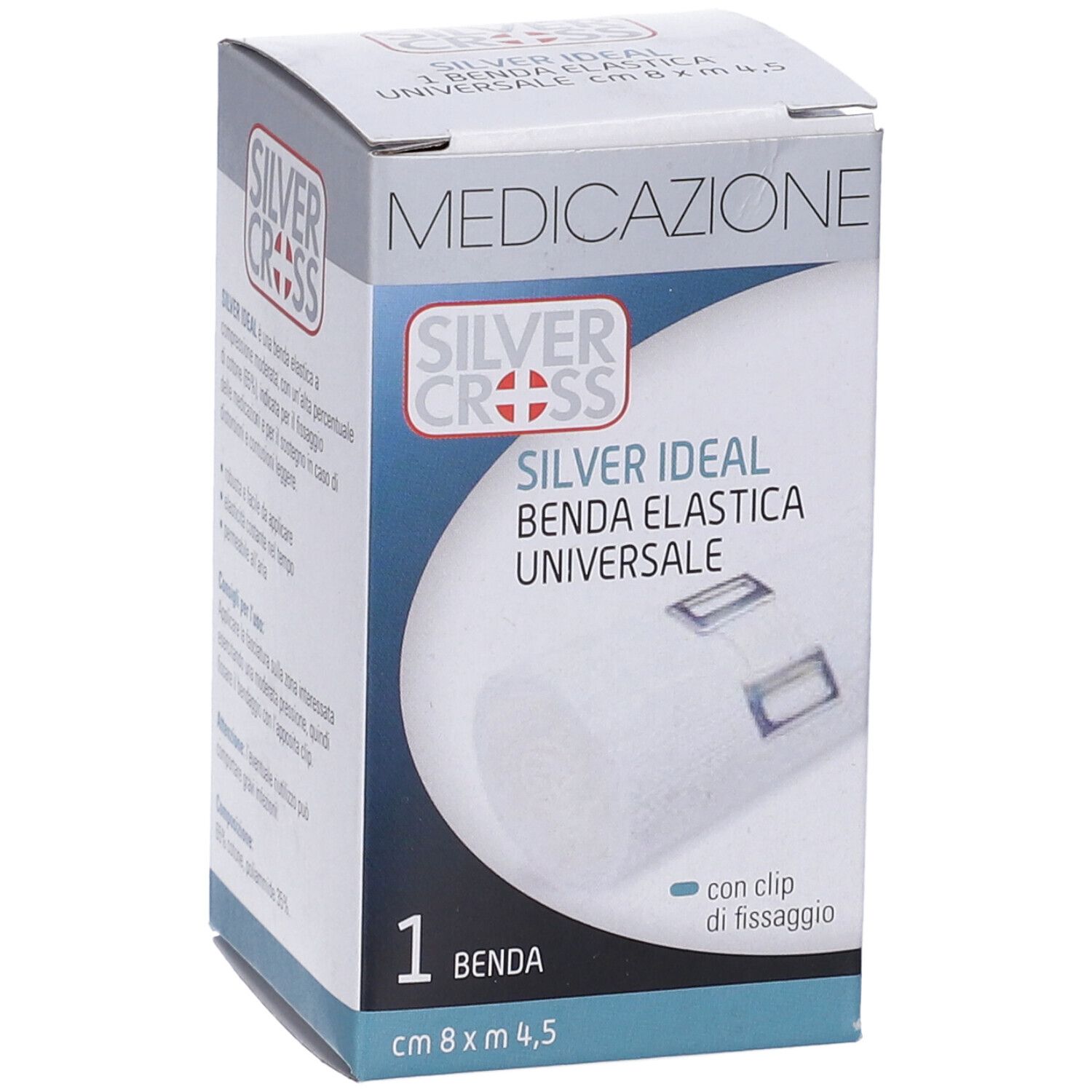 Confezione di benda Silver Cross. Scritto: Benda Elastica Universale, 8x4,5 cm. Con clip di fissaggio.