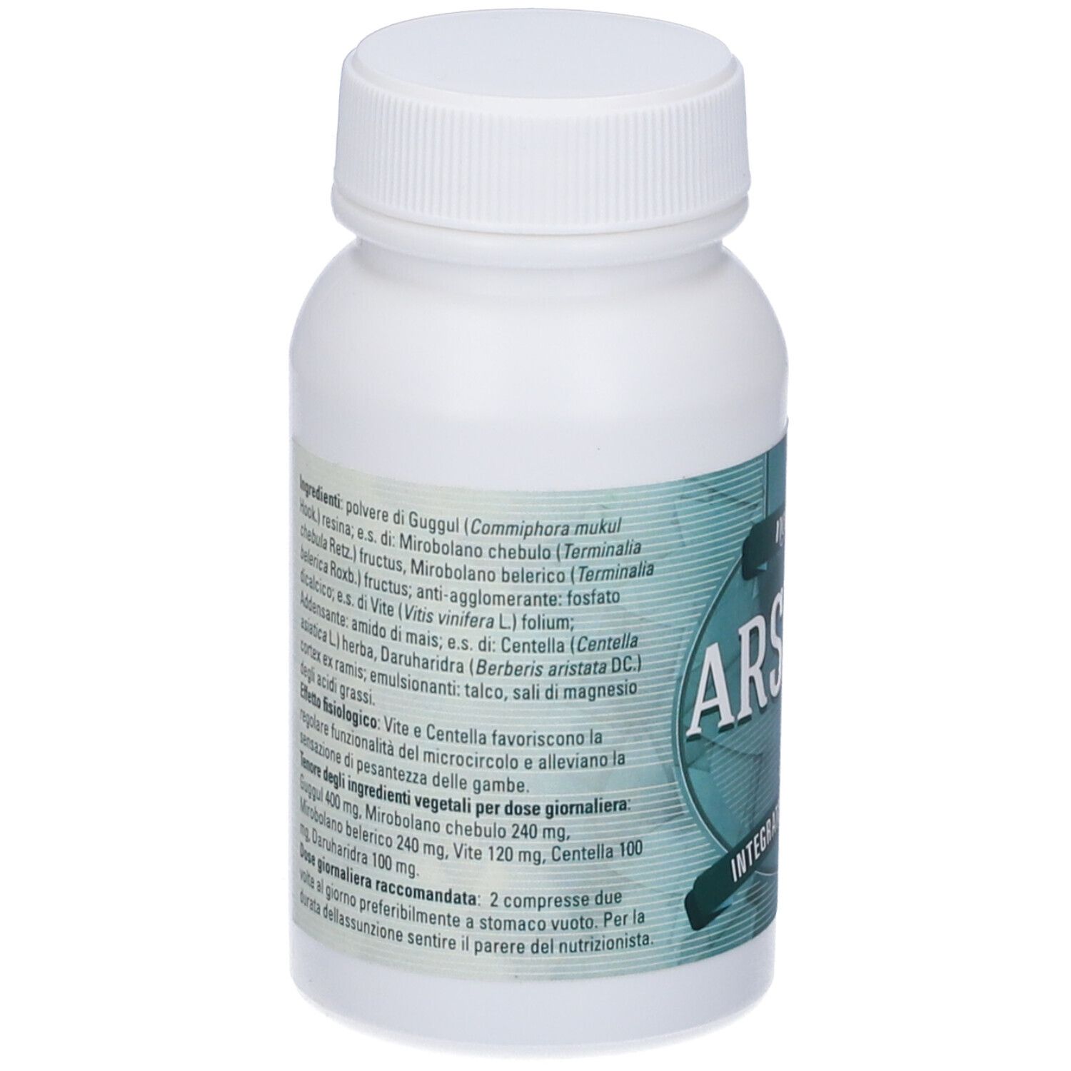 Retro di un flacone bianco. Testo in italiano, inclusi ingredienti e dosaggio raccomandato.