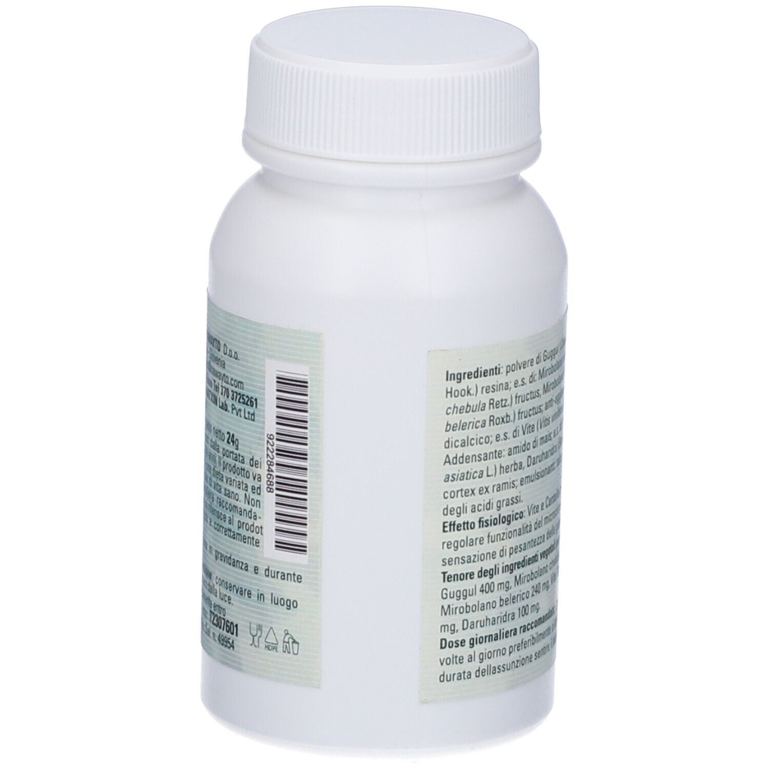 Retro di un flacone bianco. Testo in italiano, inclusi ingredienti e informazioni del produttore.