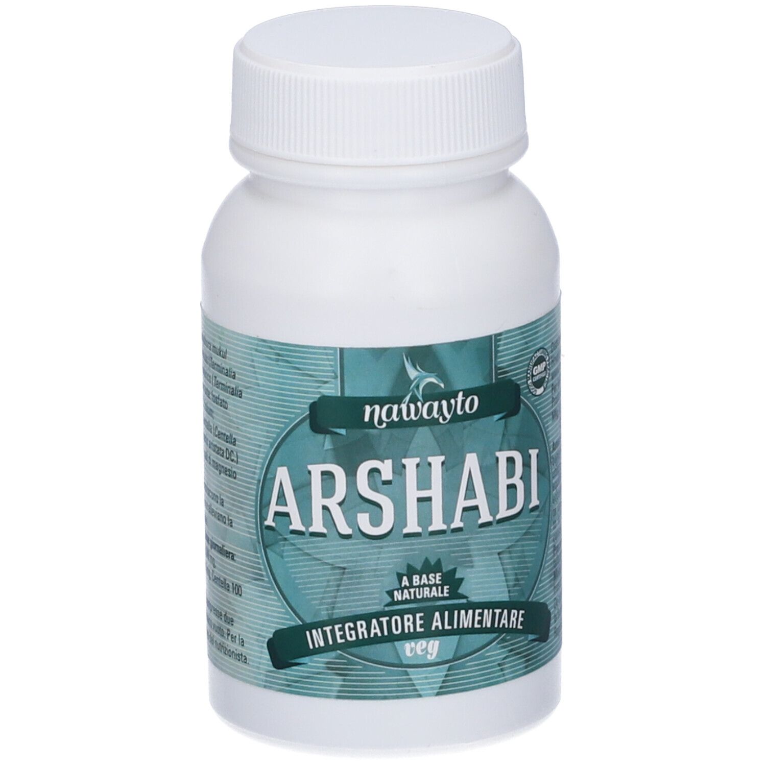 Flacone bianco con etichetta verde. L'etichetta riporta "ARSHABI" e "Integratore Alimentare veg".