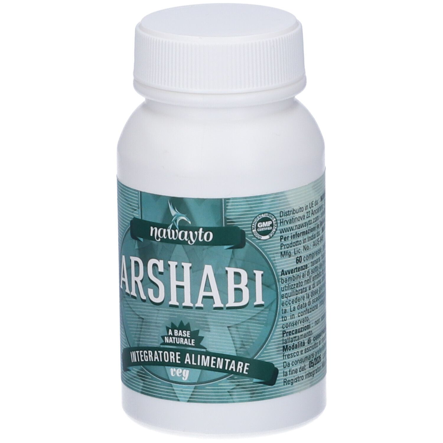 Flacone bianco con etichetta verde. L'etichetta riporta "ARSHABI", "Integratore Alimentare veg" e "60 Cpr".