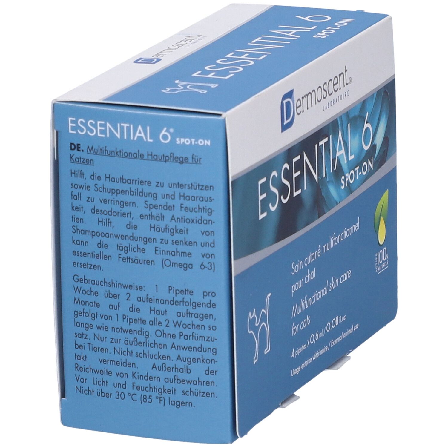 Scatola blu, nome del prodotto e testo. Contiene informazioni sull'uso e gli ingredienti. Logo e dettagli del produttore.