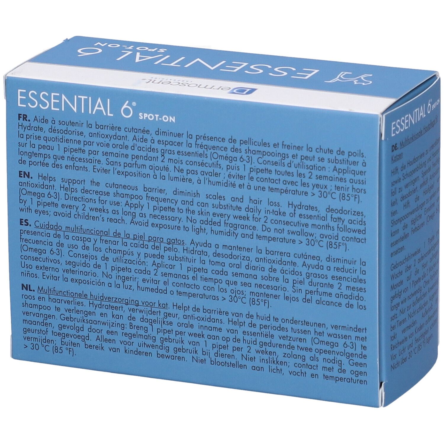 Scatola blu con informazioni sul prodotto in diverse lingue. Contiene istruzioni e avvertenze. Logo del produttore.