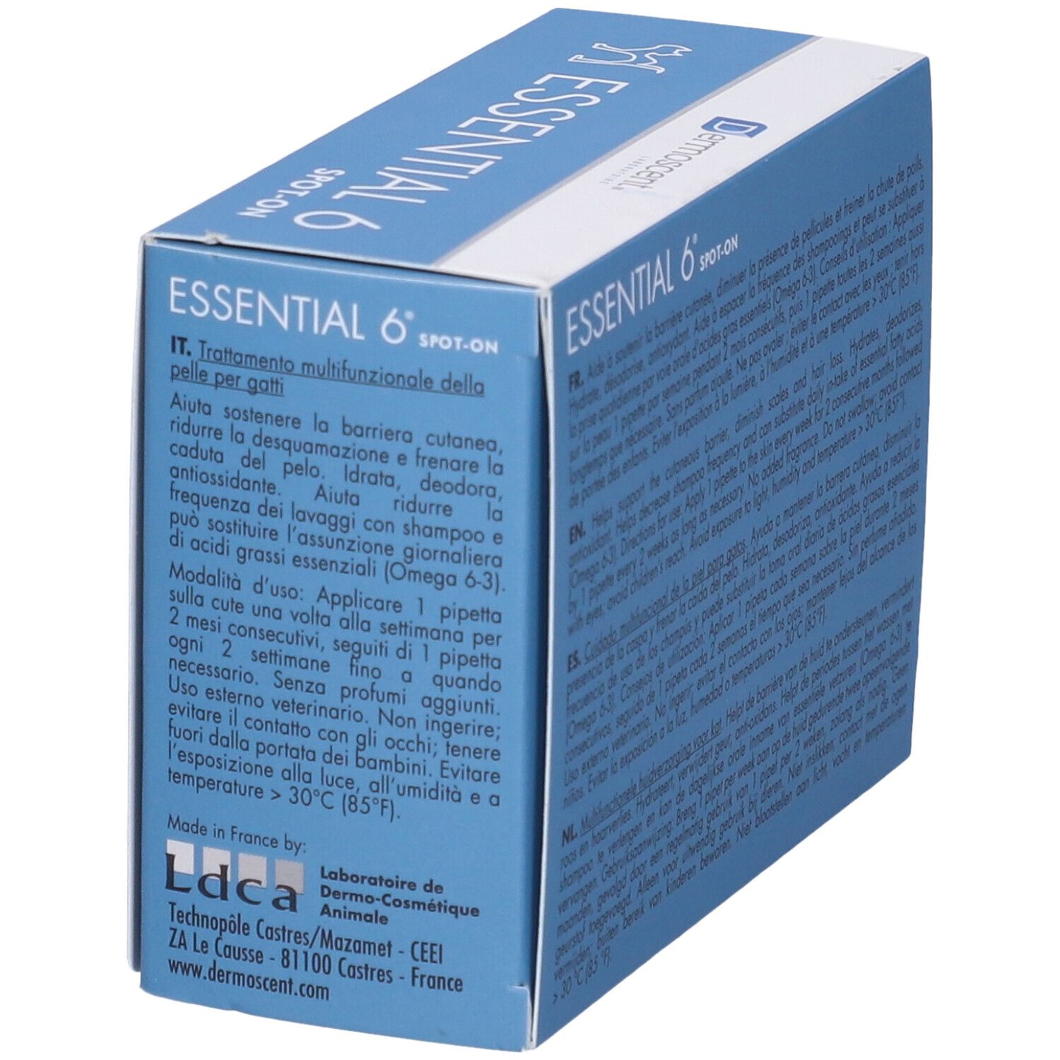 Scatola blu con informazioni sul prodotto in diverse lingue. Logo e dettagli del produttore. Prodotto in Francia.