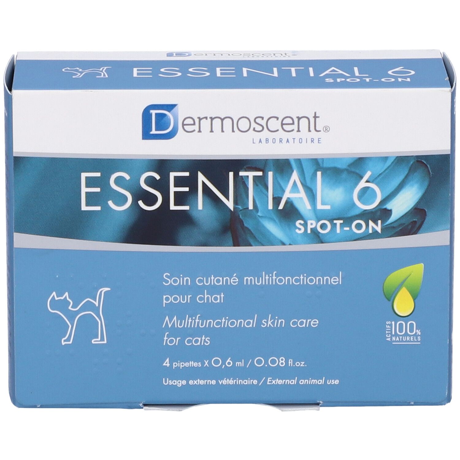 Scatola blu con nome e logo del prodotto. Contiene 4 pipette. Testo: Trattamento multifunzionale per gatti. 100% naturale.