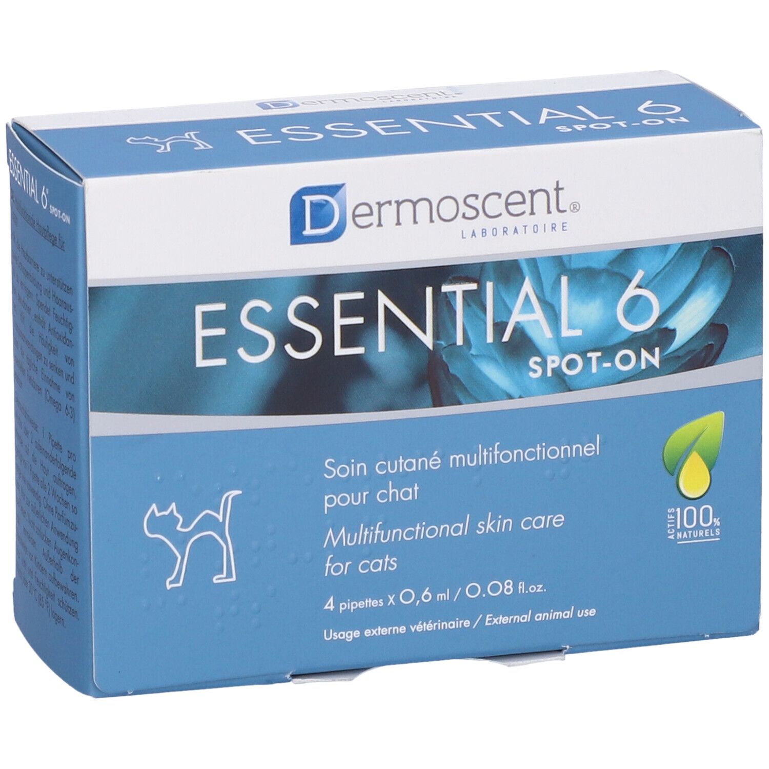 Scatola blu con nome e logo del prodotto. Contiene 4 pipette. Testo: Trattamento multifunzionale per gatti. 100% naturale.