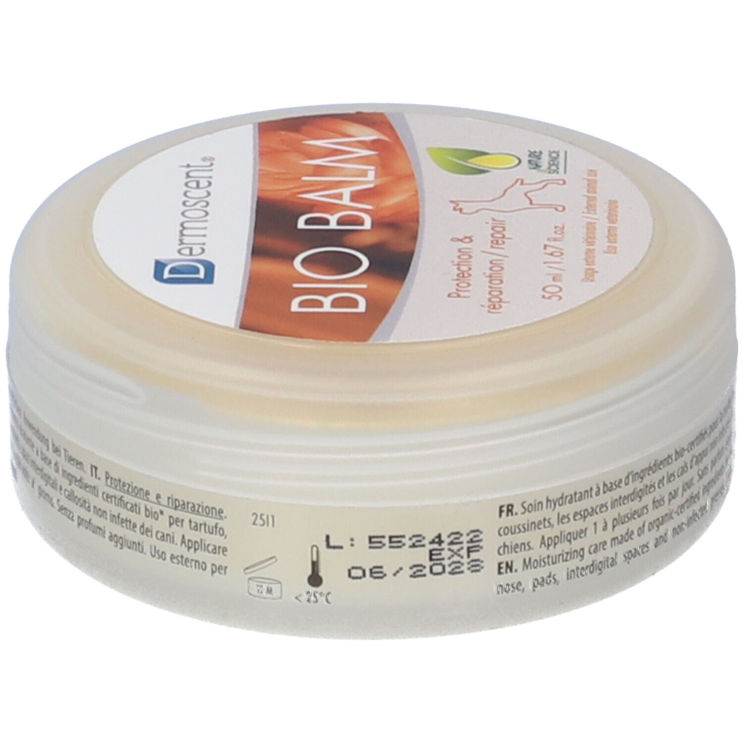 Barattolo rotondo BIO BALM per cani. Scritta: Protection & réparation. Scadenza 06/2026. Con certificazione.