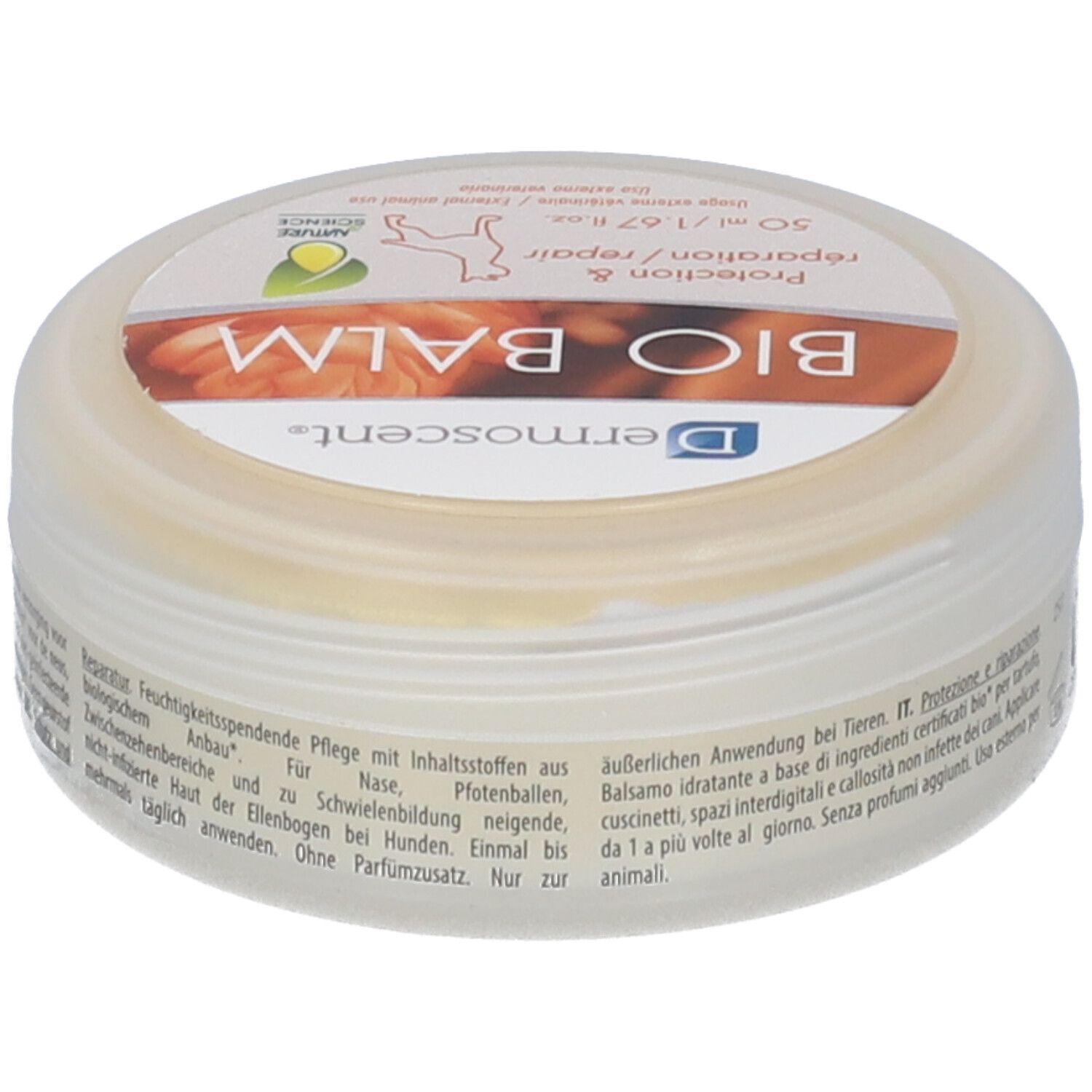 Barattolo rotondo BIO BALM per cani. Scritta: Protection & réparation. Con certificazione. Contiene un balsamo.