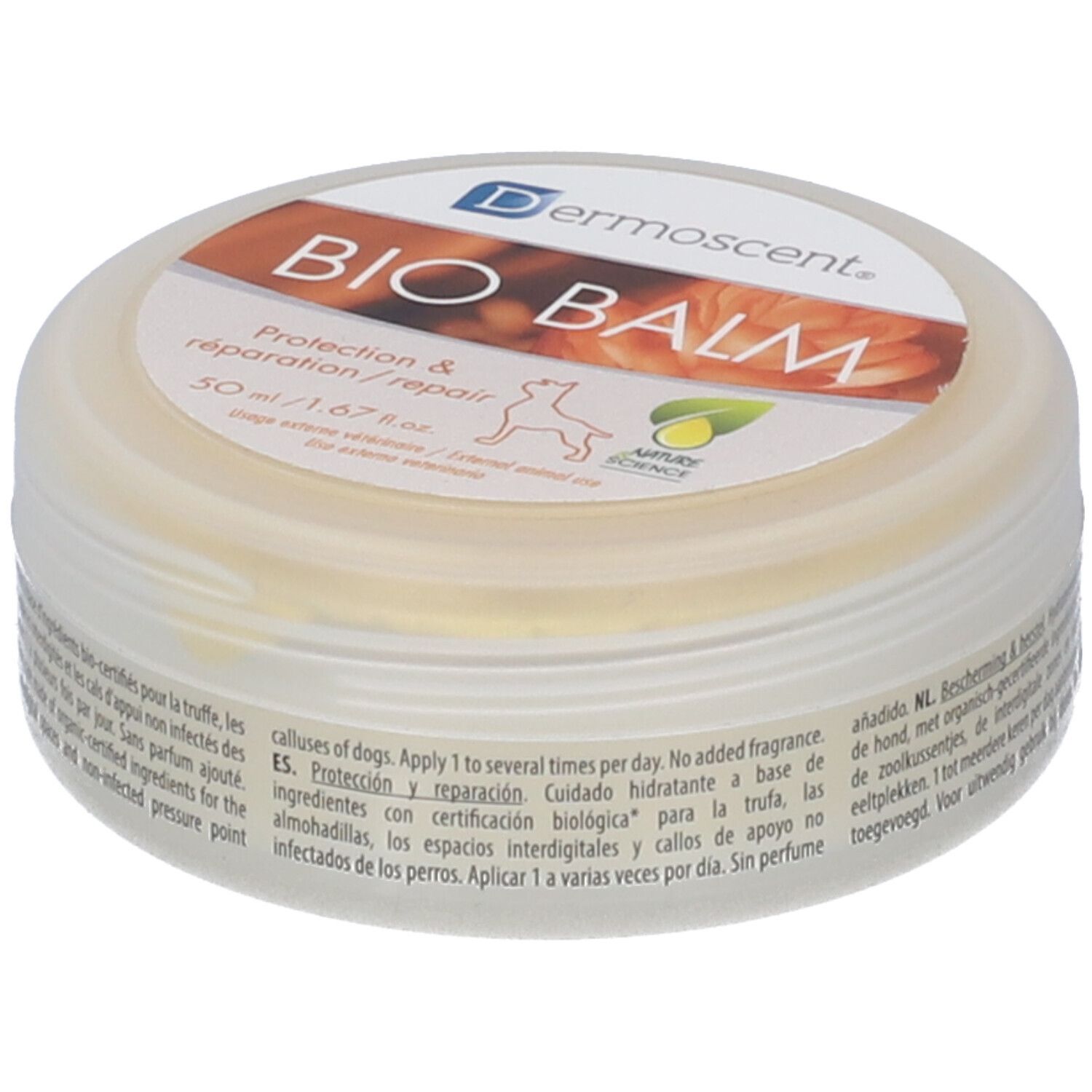 Barattolo rotondo BIO BALM per cani. Scritta: Protection & réparation. Con certificazione. Contiene un balsamo.