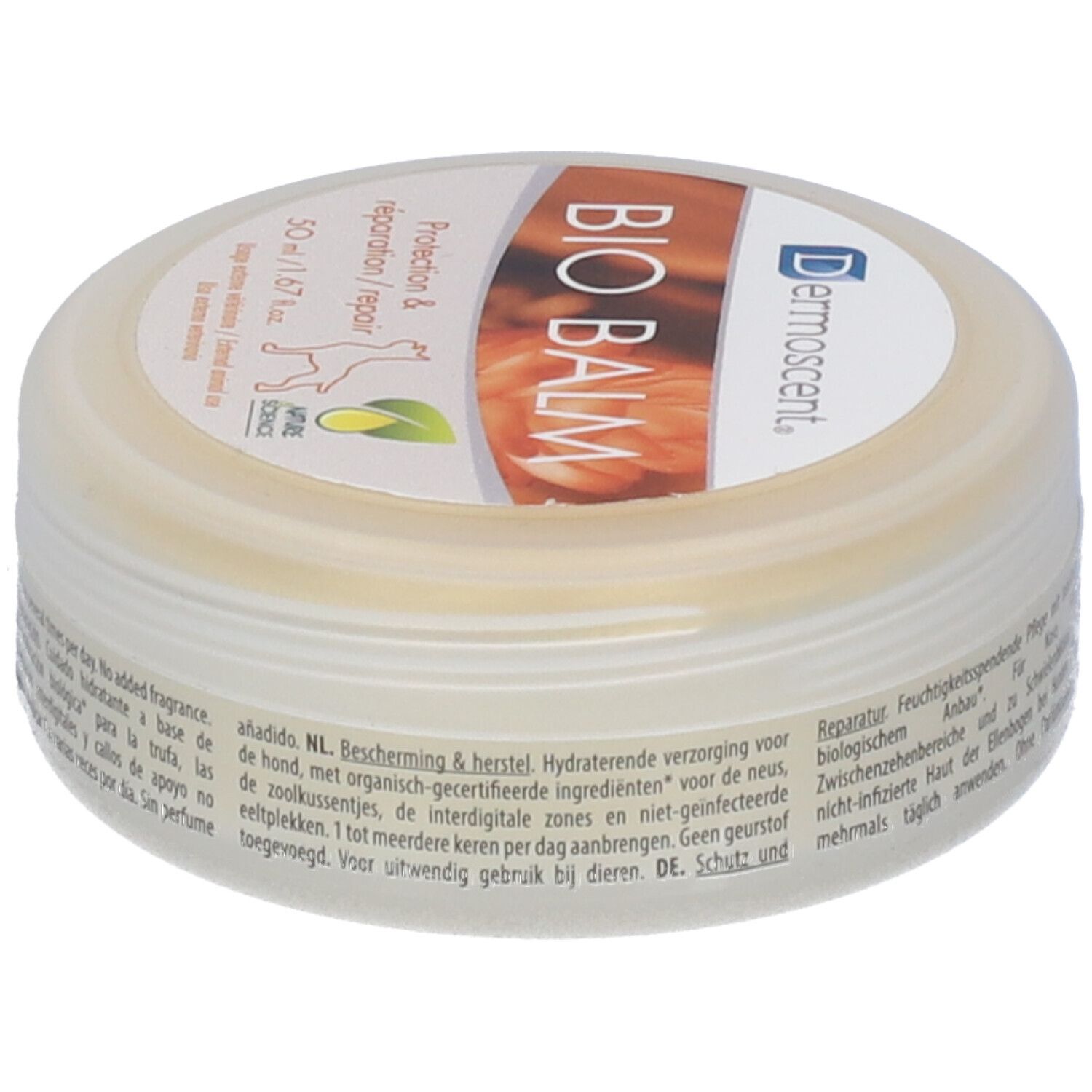 Barattolo rotondo BIO BALM per cani. Scritta: Protection & réparation. Vegano. Con certificazione. Contiene un balsamo.