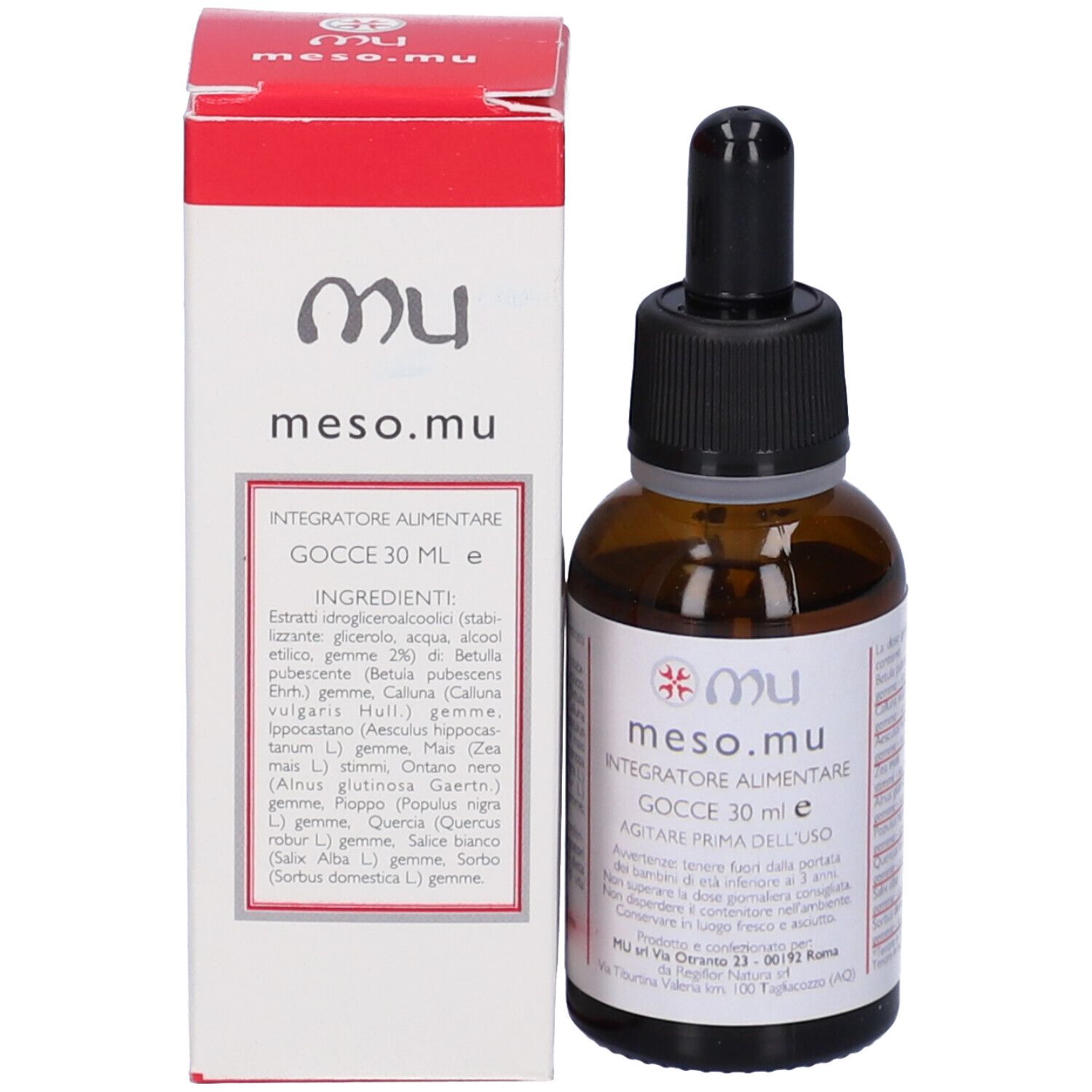 Flacone di vetro marrone con contagocce nero e confezione bianca e rossa. Scritta: meso.mu, 30 ml.