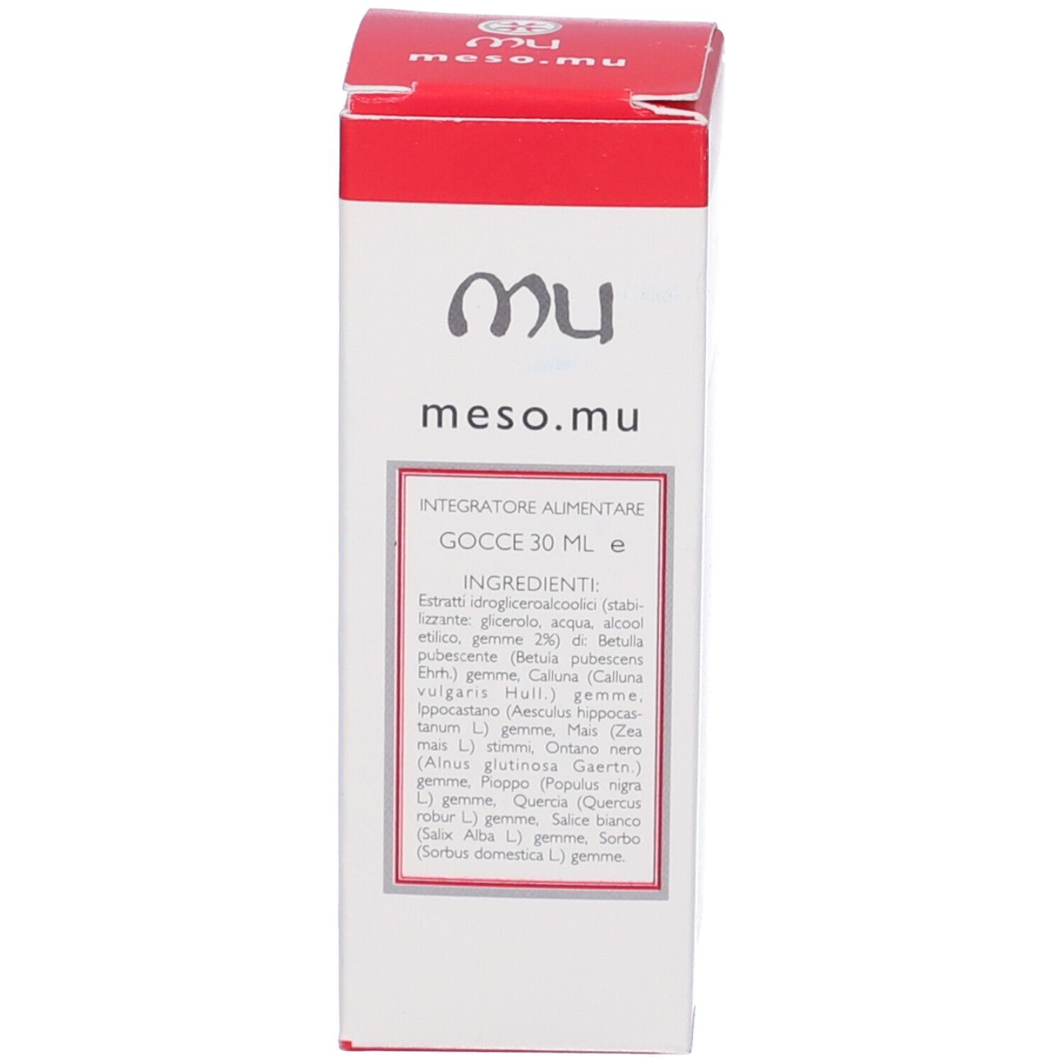 Confezione bianca e rossa con informazioni sul prodotto. Scritta: meso.mu, 30 ml.