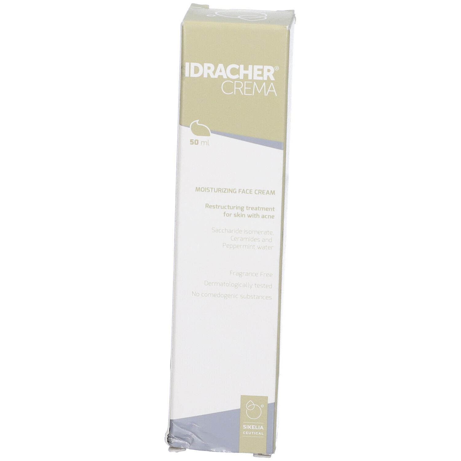 Scatola con tubo di crema. Scritta IDRACHER CREMA. Nome del prodotto e altre informazioni visibili.