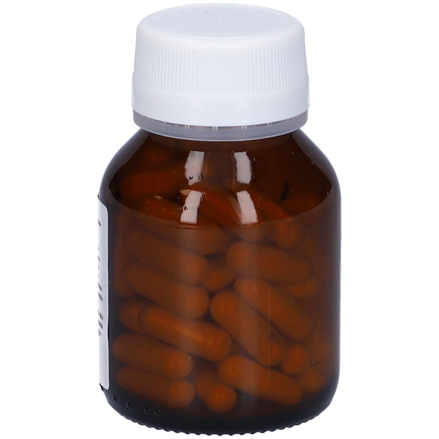 Capsule marroni in un flacone di vetro marrone con tappo bianco. Etichetta con testo.