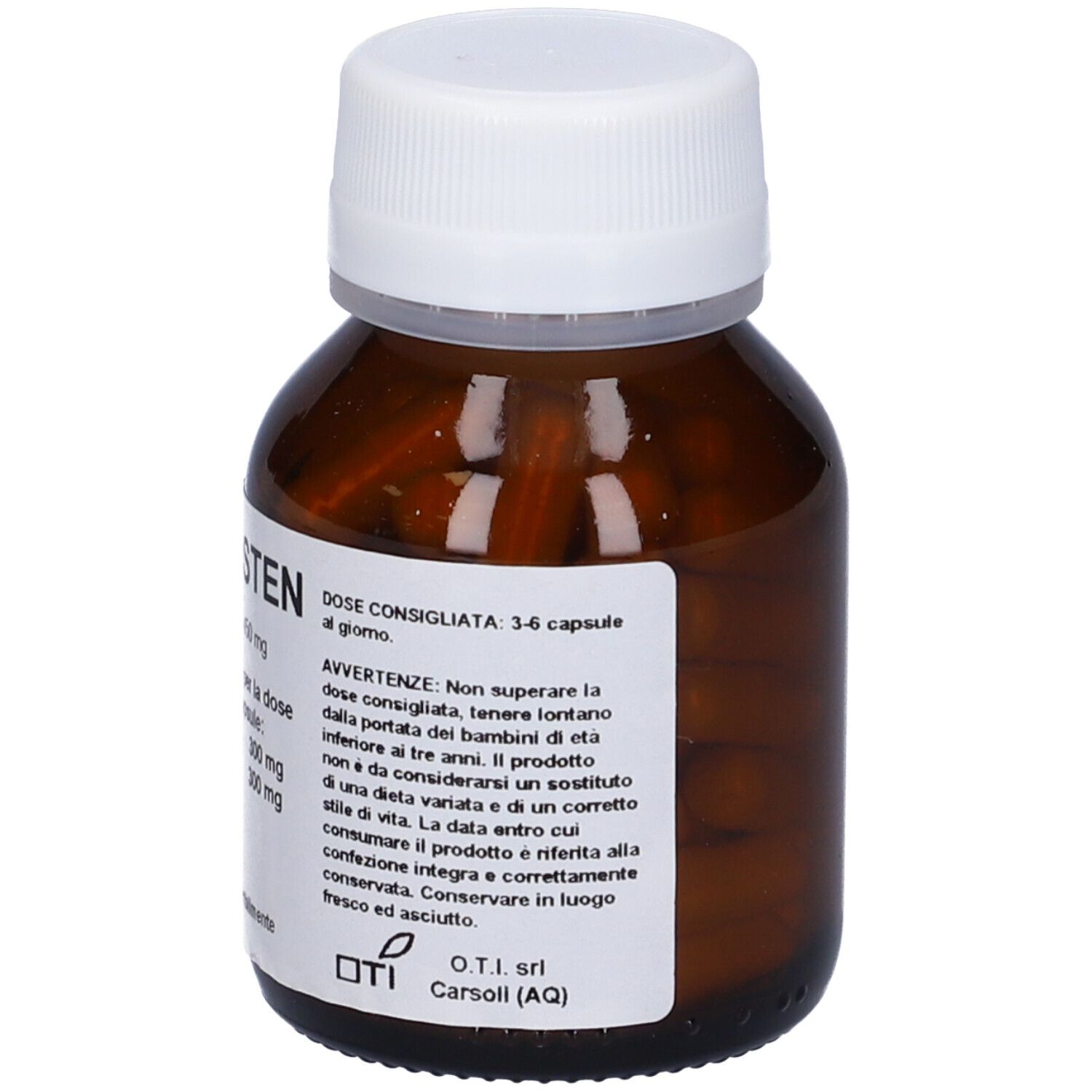 Capsule marroni in un flacone di vetro marrone con tappo bianco. Etichetta con testo.