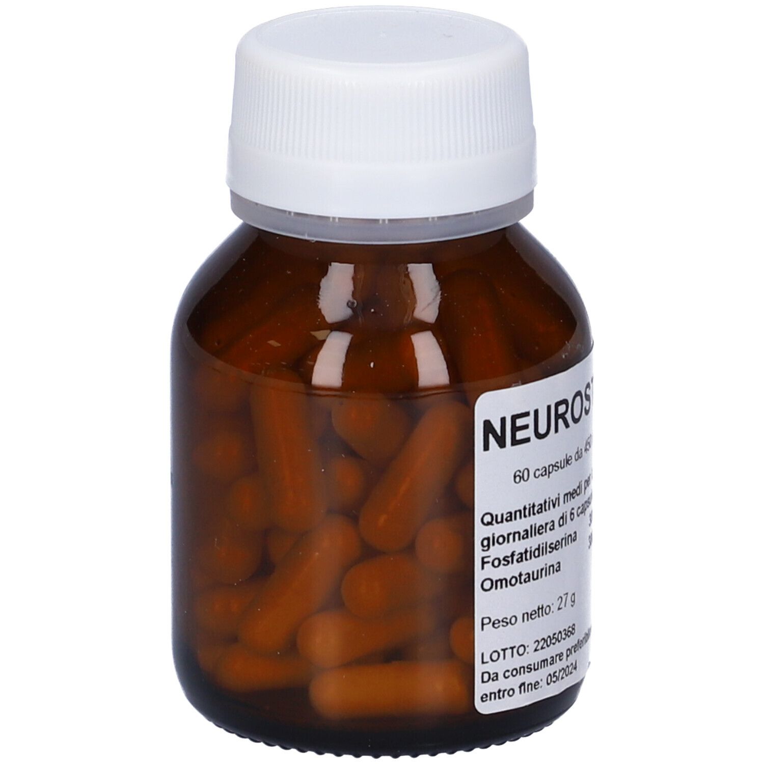 Capsule marroni in un flacone di vetro marrone con tappo bianco. Etichetta con testo: Neurosten.