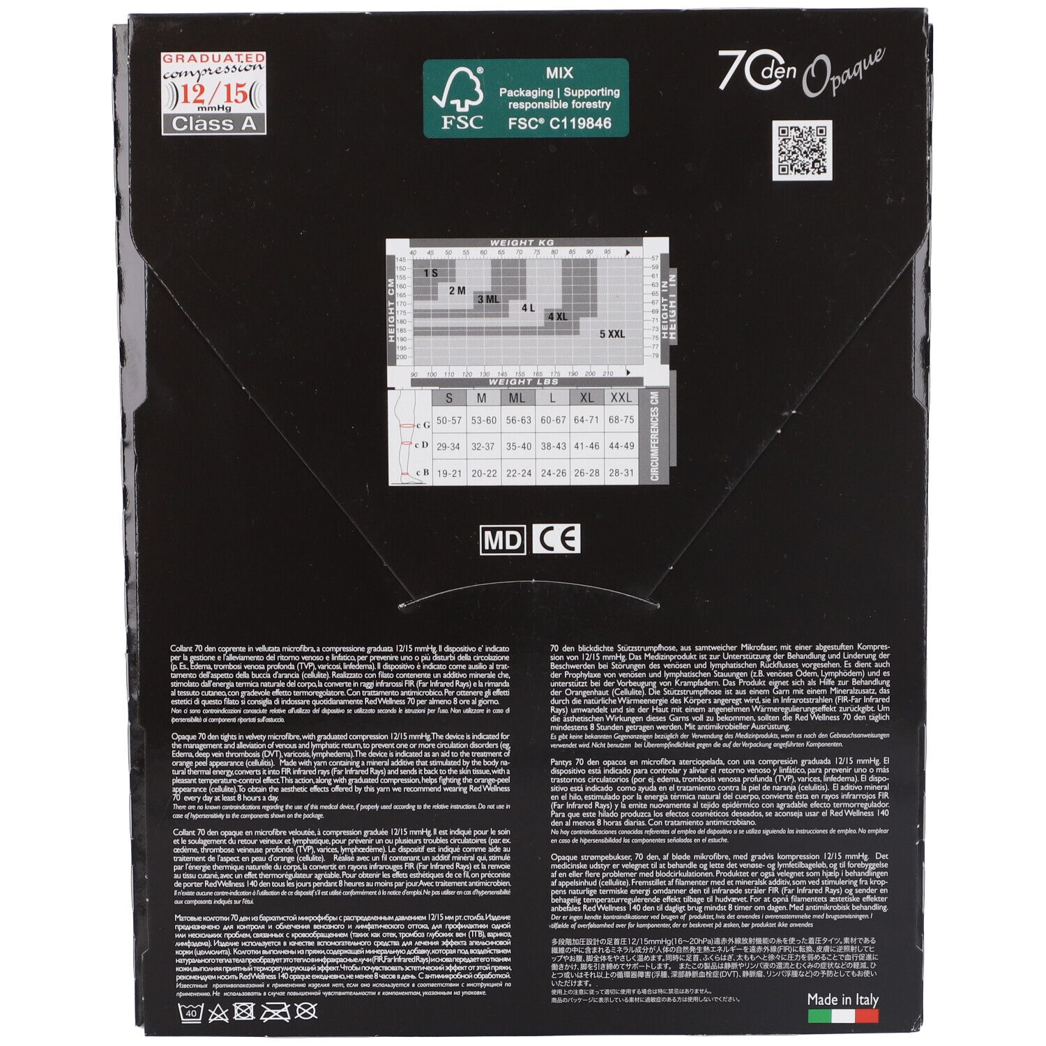 Retro della confezione dei collant compressivi SOLIDEA® Red Wellness 70 opaque. Con tabella taglie e testo.