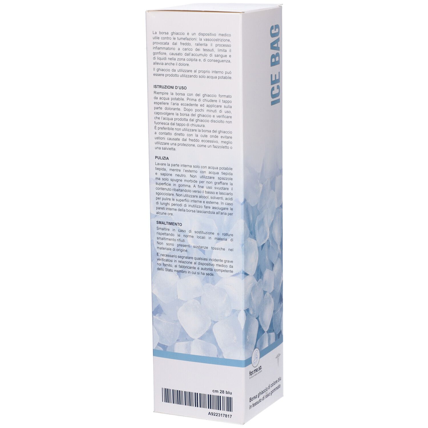 Retro della confezione della borsa del ghiaccio. Paragrafi in italiano. In basso: cm 28, testo e codice a barre.
