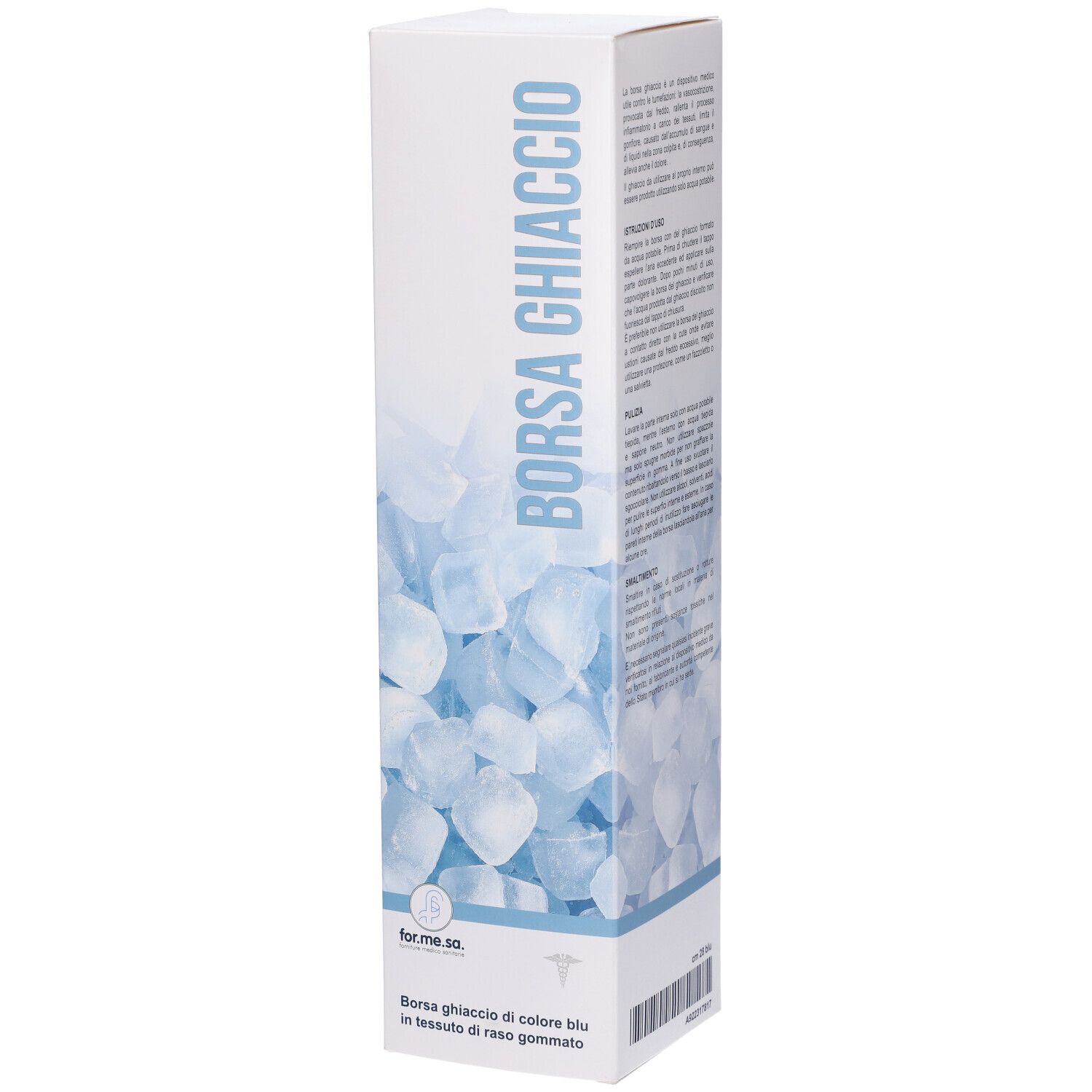 Confezione per borsa del ghiaccio. Scritta: BORSA GHIACCIO. Illustrazione di cubetti di ghiaccio. Testo: Borsa ghiaccio di colore blu in tessuto di raso gommato.