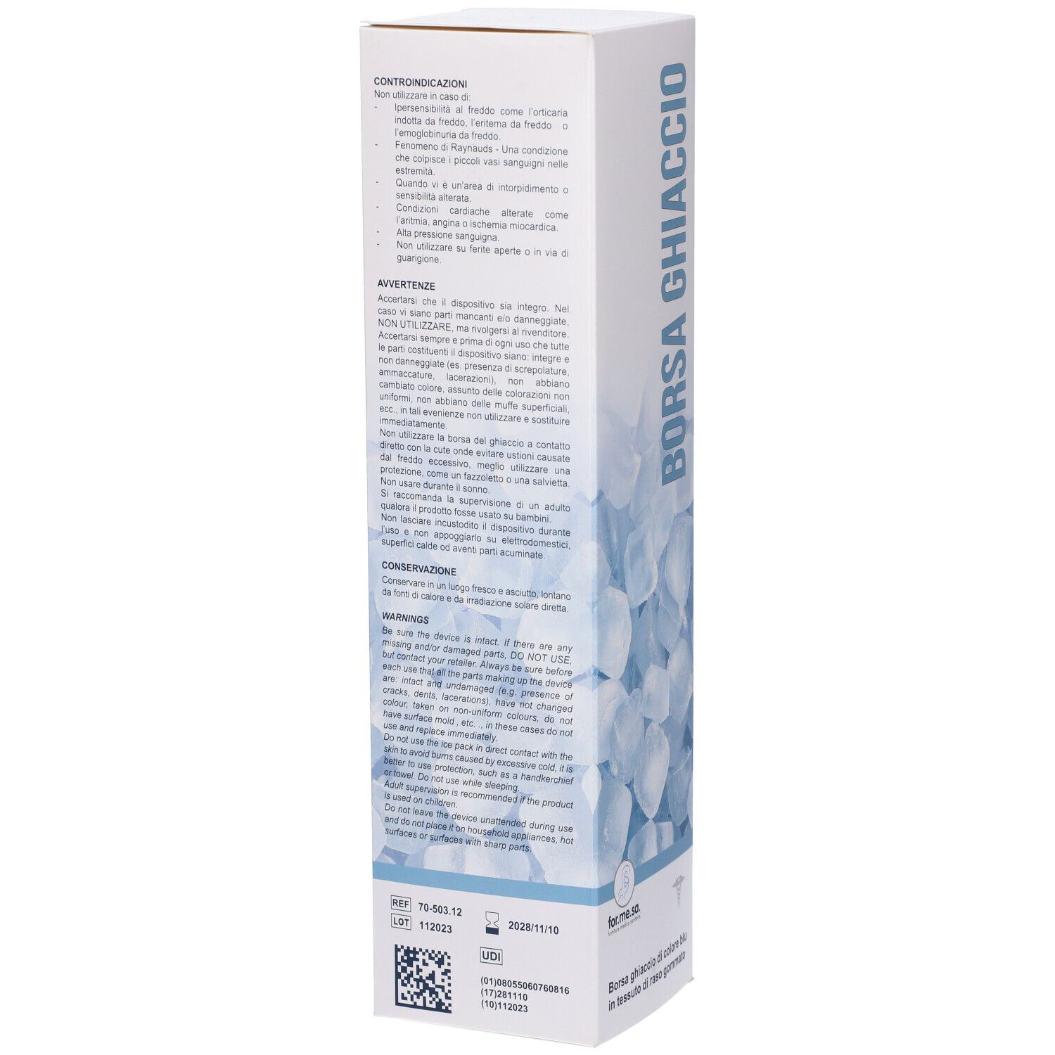 Retro della confezione della borsa del ghiaccio. Paragrafi in italiano. In basso: testo e codice a barre.