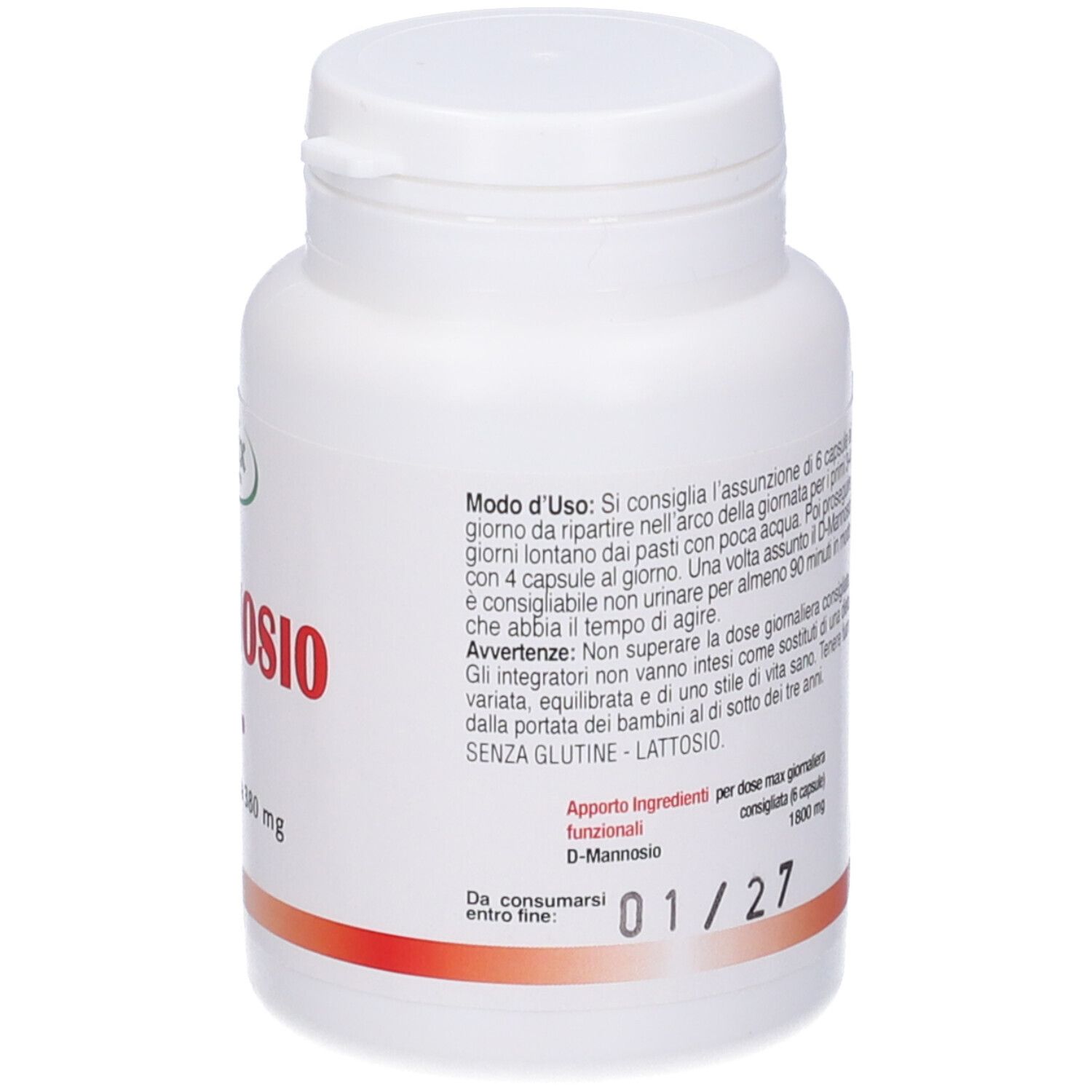 Flacone bianco con testo. Contiene 60 capsule D-Mannosio C.S. di Larix Laboratori. Testo e codice a barre sul retro.