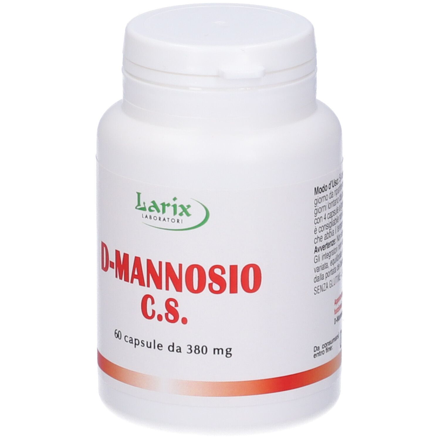 Flacone bianco con scritte rosse e verdi. Contiene 60 capsule D-Mannosio C.S. di Larix Laboratori.