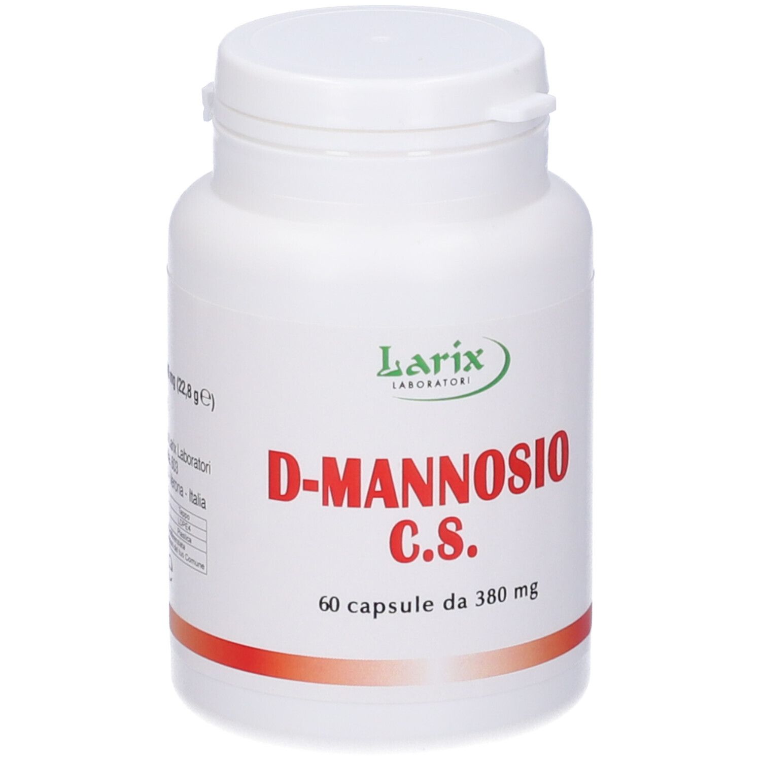Flacone bianco con scritte rosse e verdi. Contiene 60 capsule D-Mannosio C.S. di Larix Laboratori.