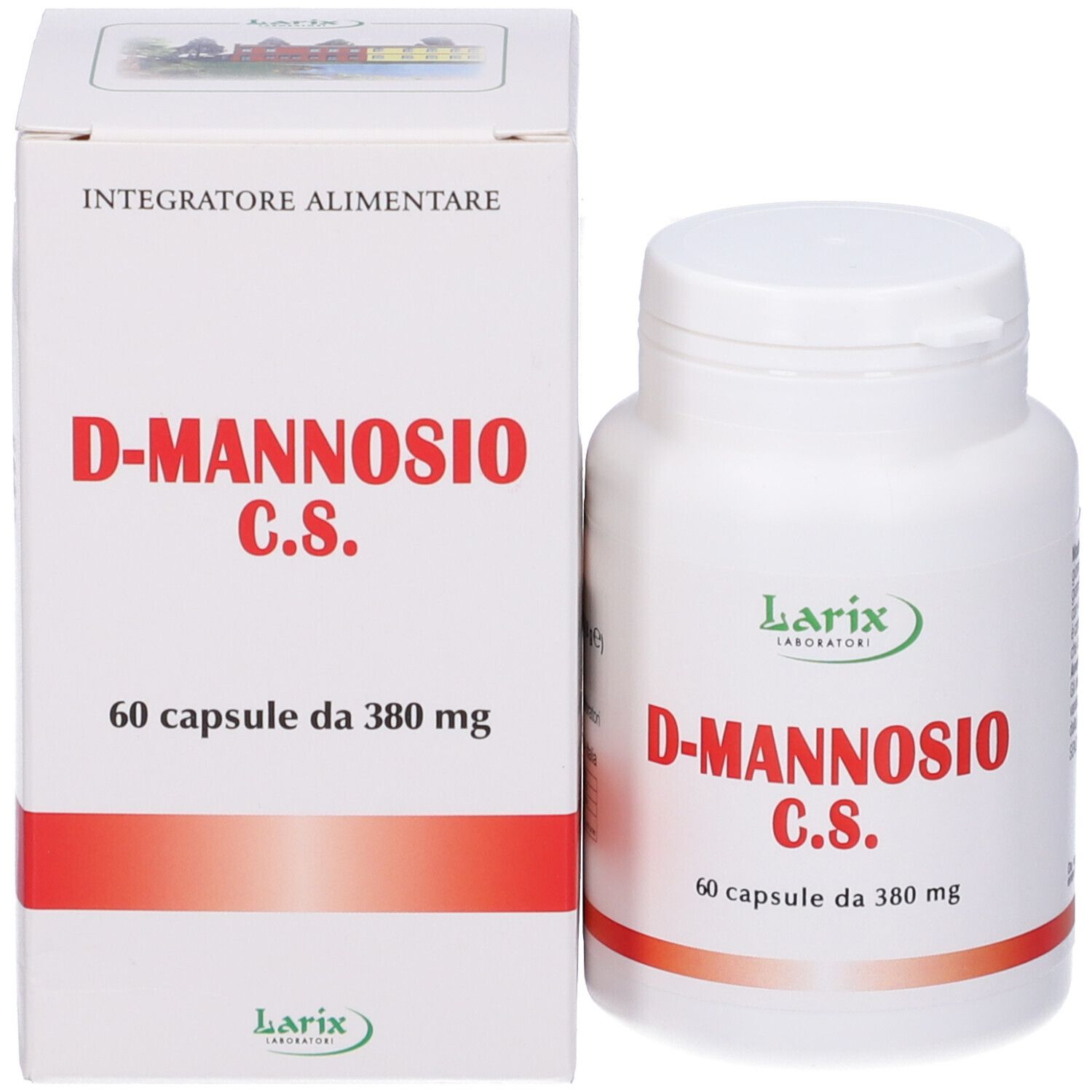 Confezione e flacone. Contiene 60 capsule D-Mannosio C.S. di Larix Laboratori. Colori rosso e bianco.