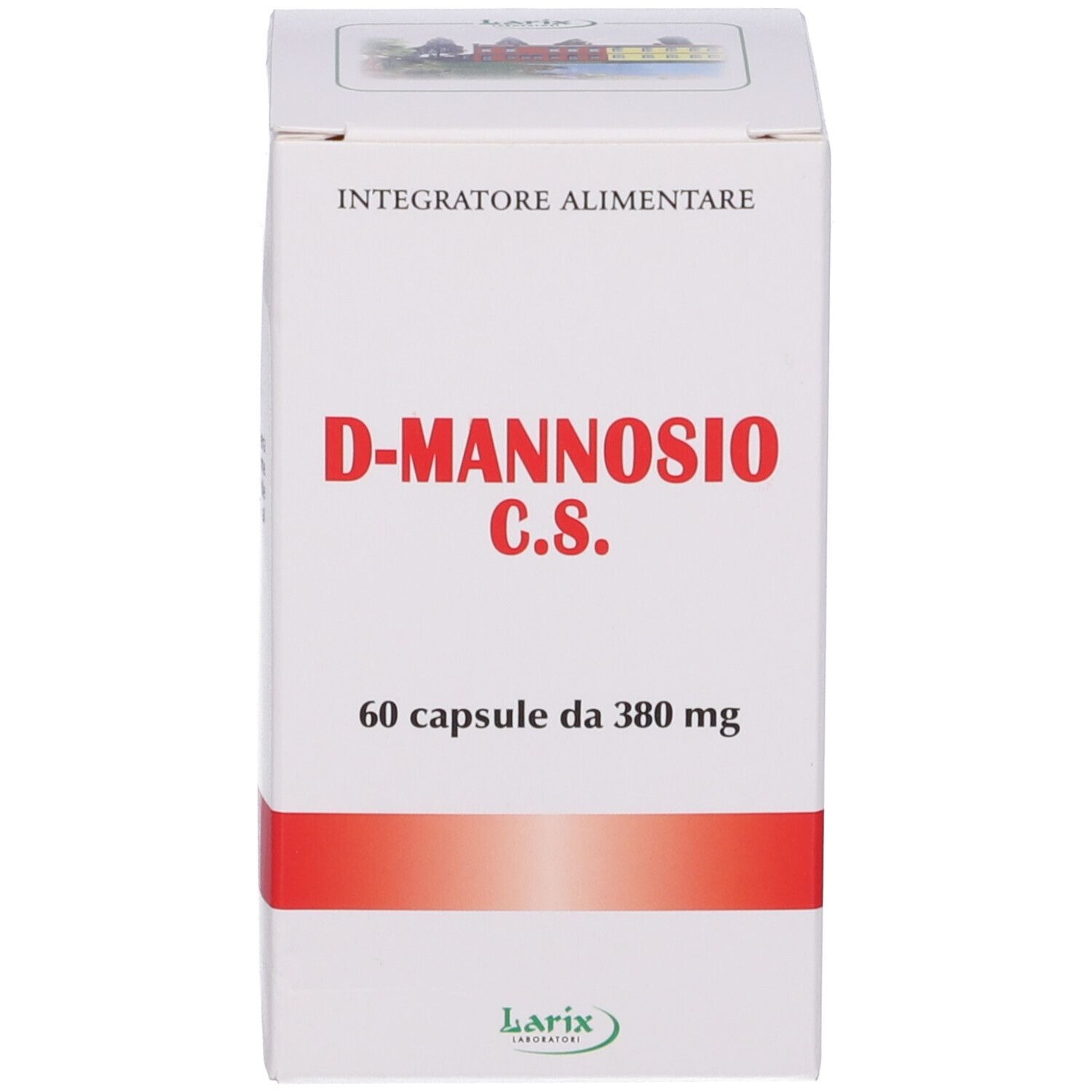 Confezione con scritte rosse e bianche. Contiene 60 capsule D-Mannosio C.S. di Larix Laboratori.