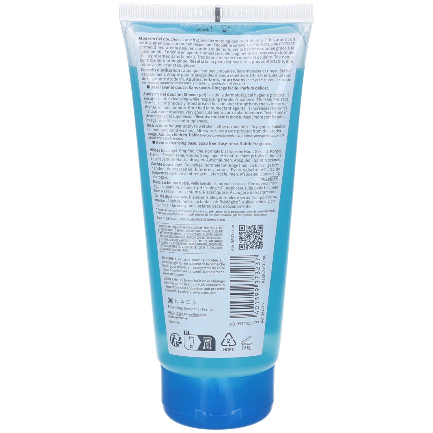 Retro del tubo. BIODERMA Atoderm Gel douche. Testo multilingue. Liquido blu visibile.