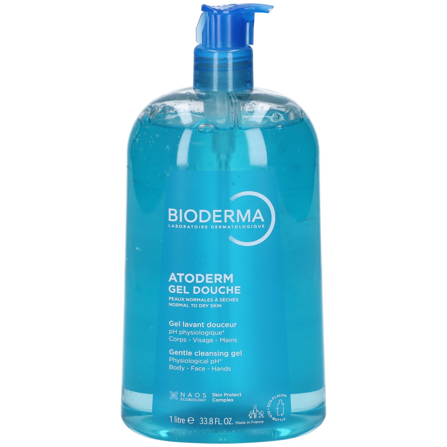 Bioderma Atoderm Gel Douche. Flacone blu con dosatore. Liquido trasparente. Scritte e logo del prodotto.