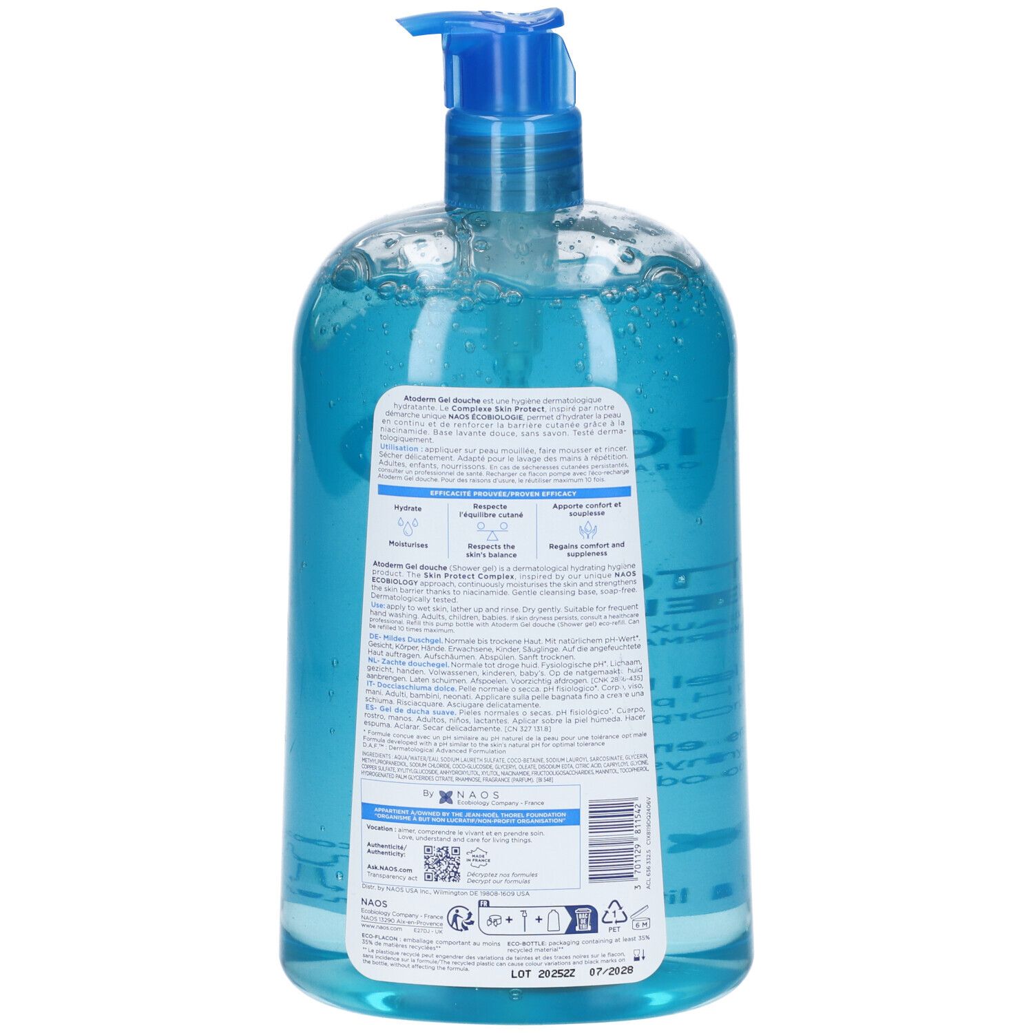 Retro del flacone Bioderma Atoderm Gel Douche. Flacone blu con informazioni sul prodotto ed etichetta.